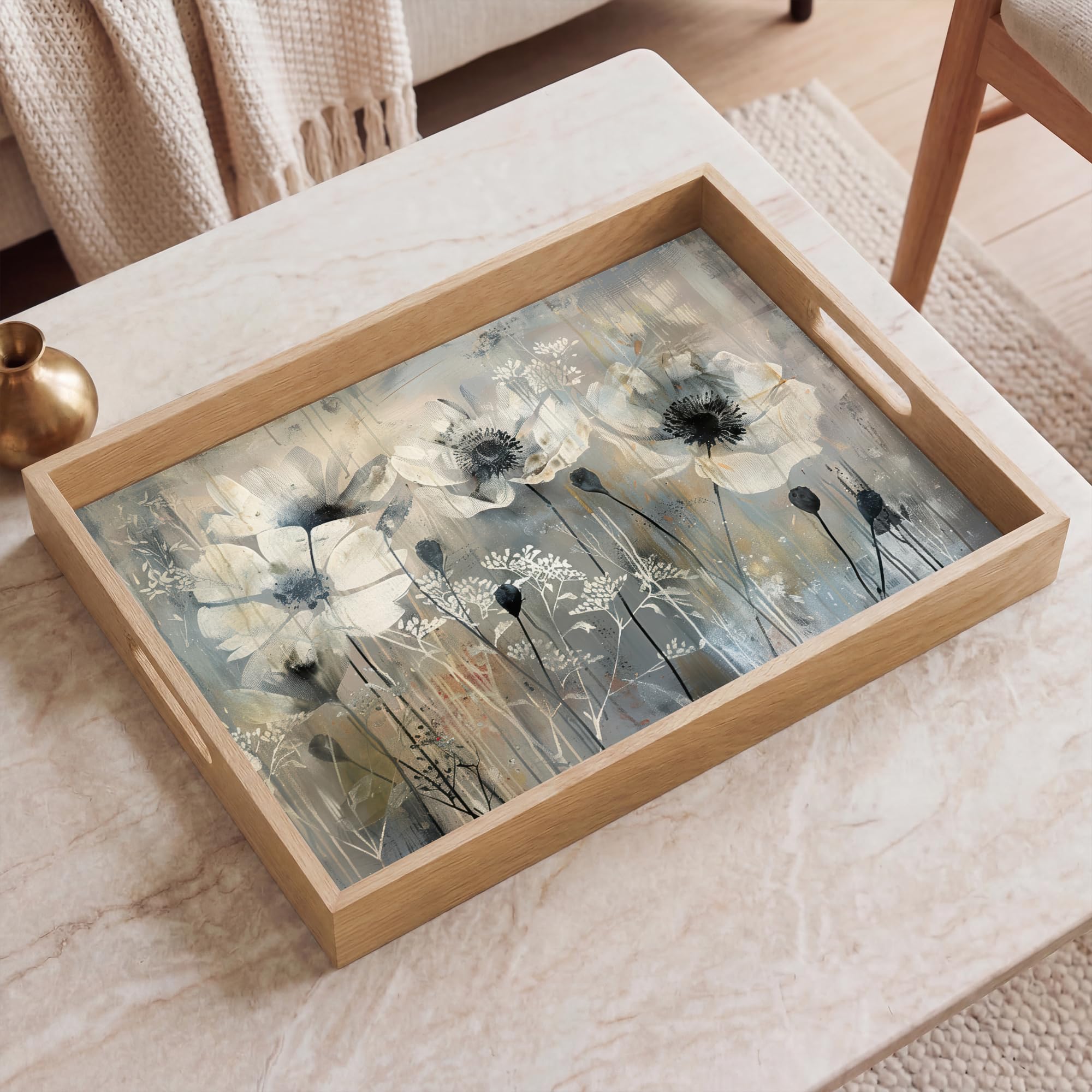 Tablett Rechteckig 50x35 cm Serviertablett rutschfest Griff Küchentablett Servierplatte Eiche Holztablett Henkel Hitzebeständig Blumen - Pflanzen - Grau - Abstrakt