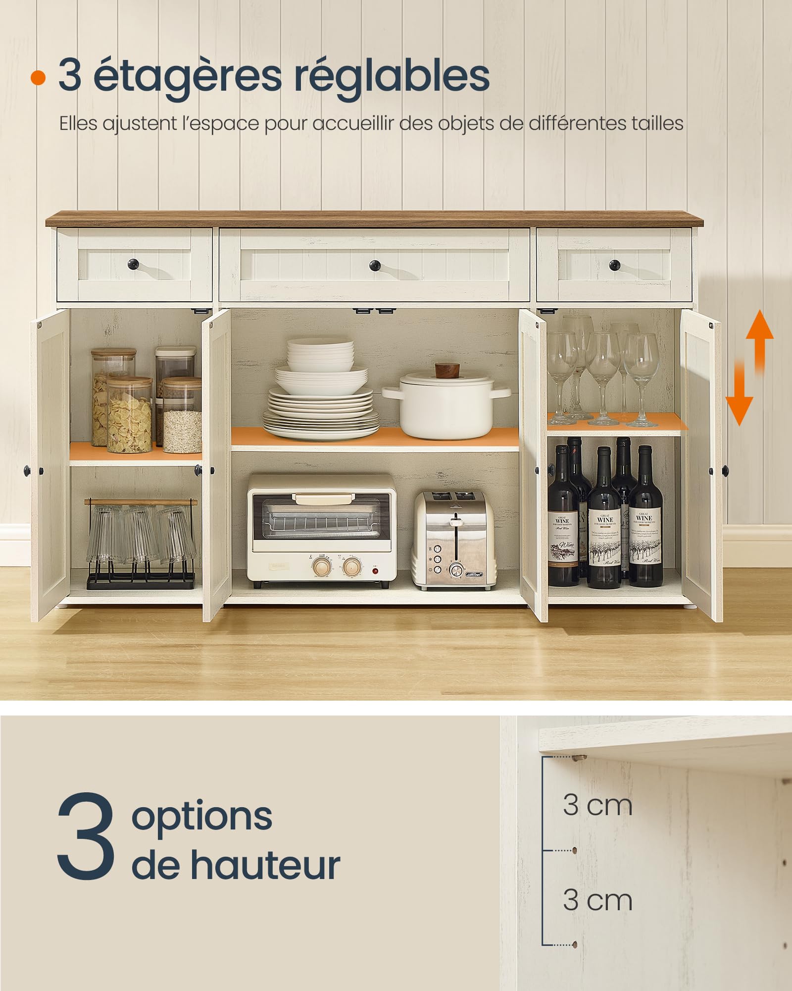SONGMICS HOME Buffet, Assemblage Ultra-Rapide sans Outils Toolless, Meuble de Rangement de Cuisine avec Plan de Travail, Étagères Réglables, Blanc Rustique et Marron Miel BBK376WJ02