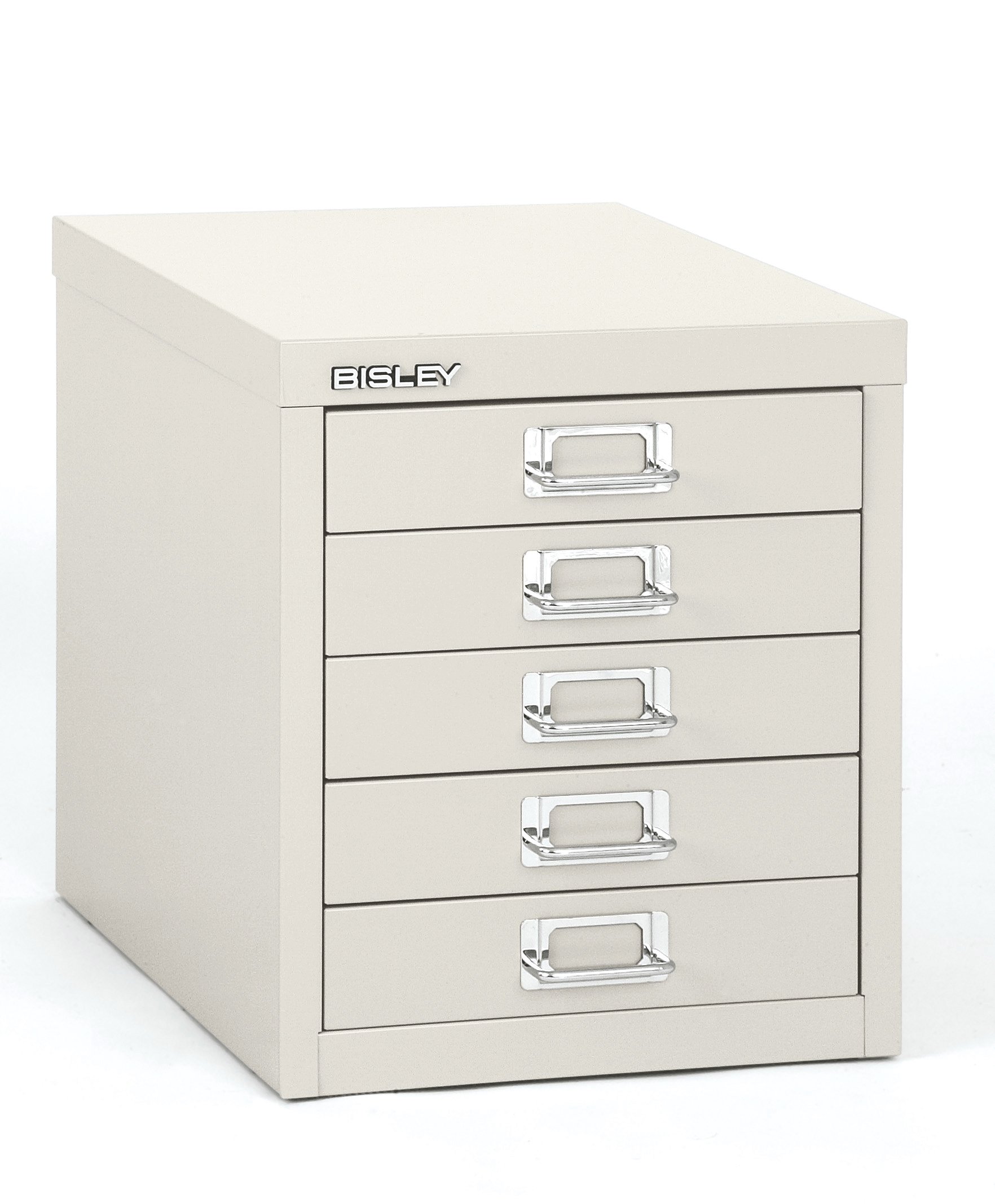 Bisley 5-Drawer Steel MultiDrawer Cabinet - Traffic White, Chrome Pull Handles with Label Holders, Powder-Coated Steel, Removable Drawers, Desktop