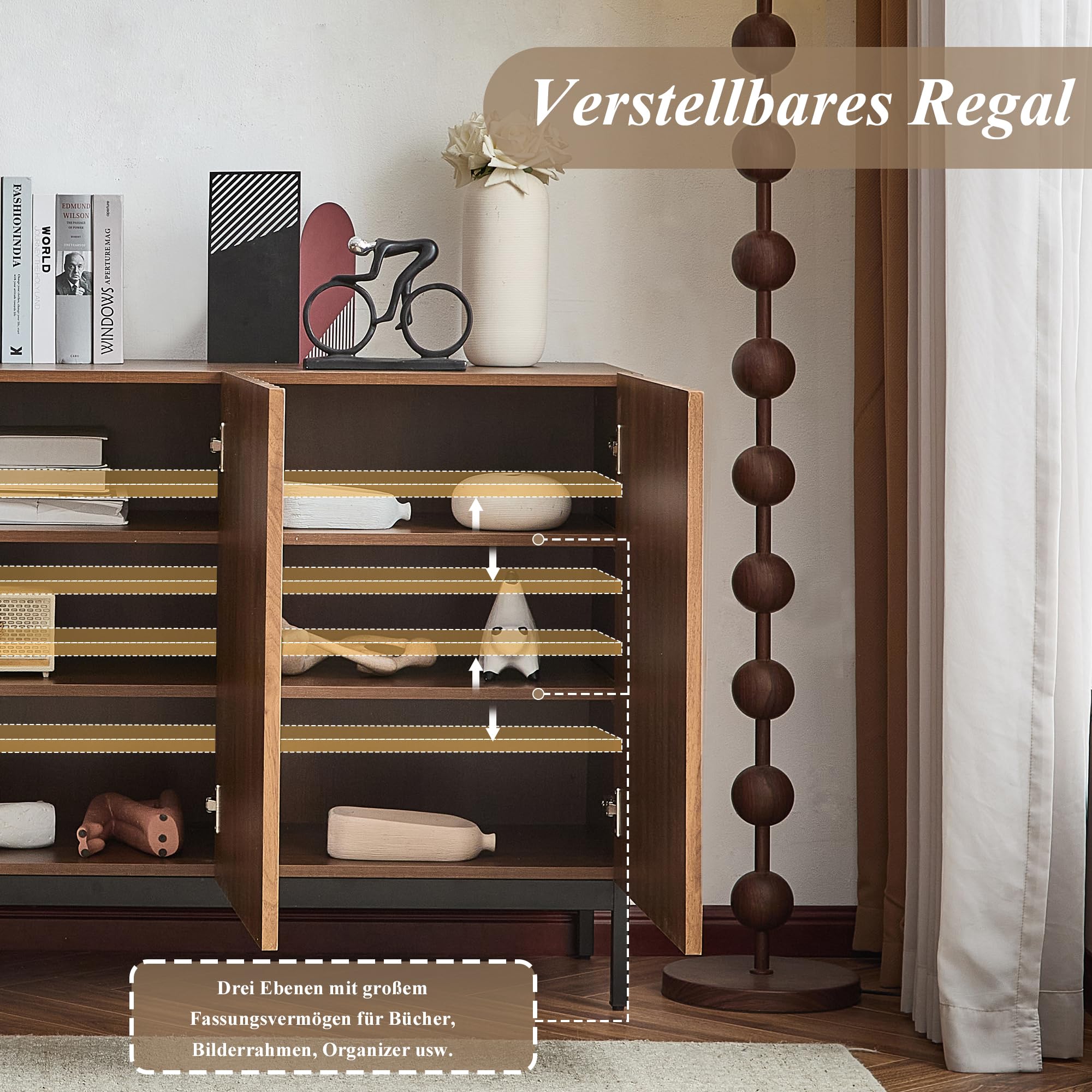 Credenza moderna Mid-Century a 3 ante, design ondulato 3D, ripiani regolabili, chiusura di sicurezza, elegante archiviazione per soggiorno, sala da pranzo, ufficio, 150 x 40 x 80 cm (marrone scuro A)