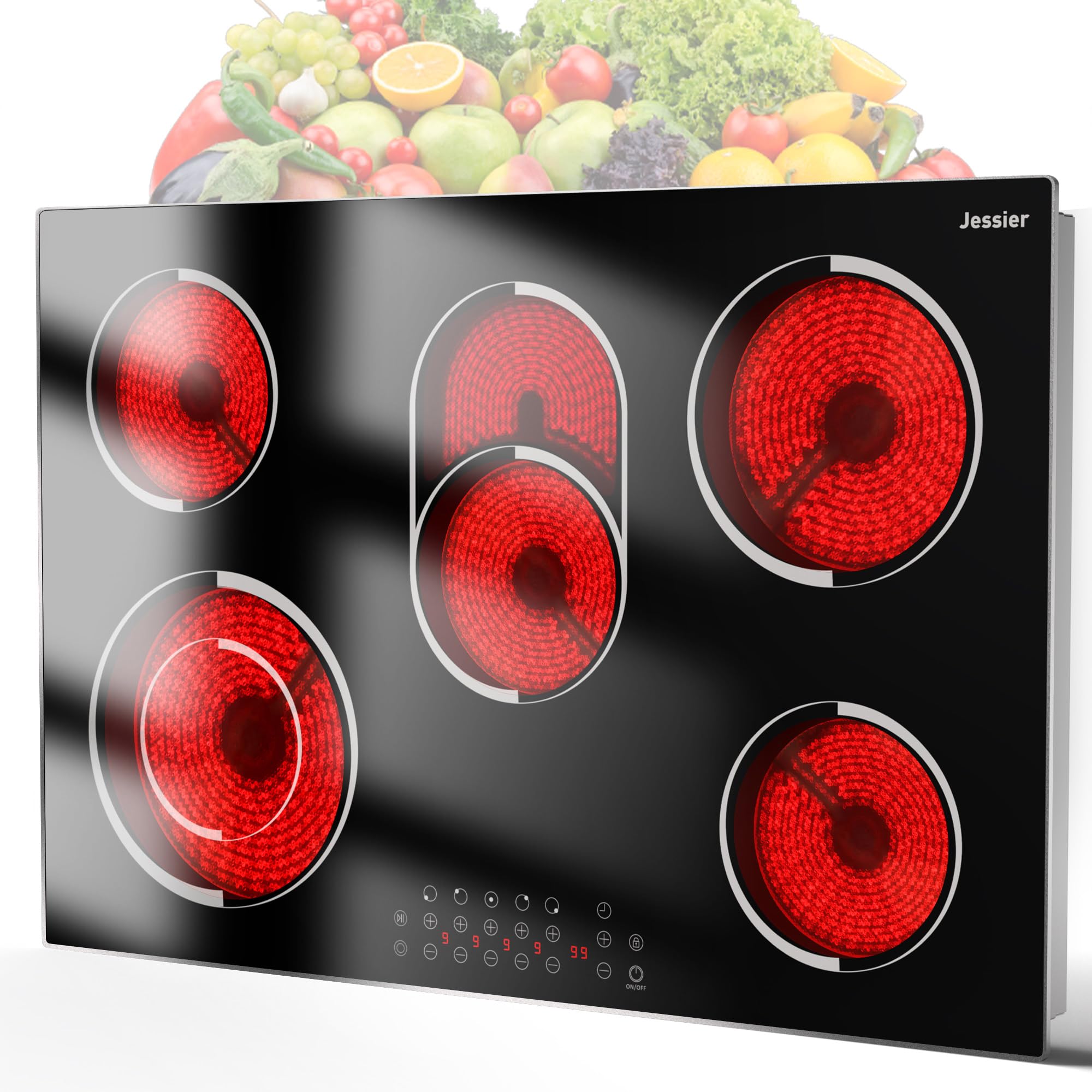 30 Inch Electric Cooktop - 30 Inches Electric Stove 8400W, 5 Burner Ceramic Stove Top Built-in with Full Metal Frame, 99 Mins Timer, Safety Lock, Pause, Dual Ring, 220V Hard Wired (No Plug)