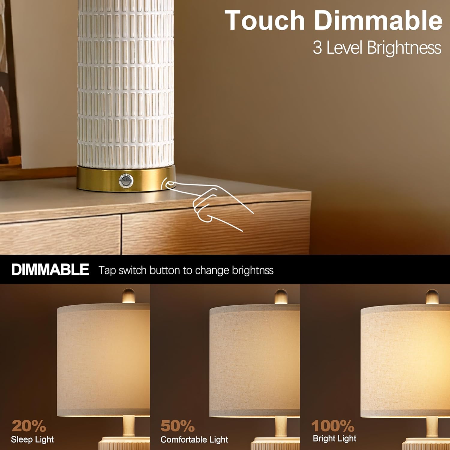 poKat touch bedside table lamp beige - ceramic dimmable lamp with usb ports