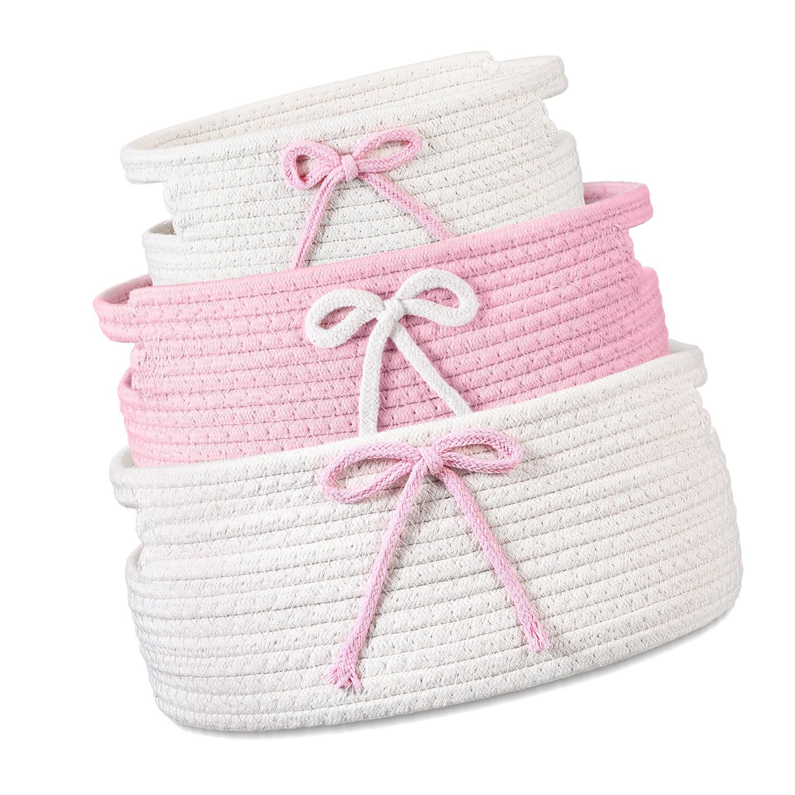 Wegiwuca Of 3 Handwoven Cotton Storage Baskets with Bowknot Decoration Home Organization Solution with Handle Interlaced Storage Basket
