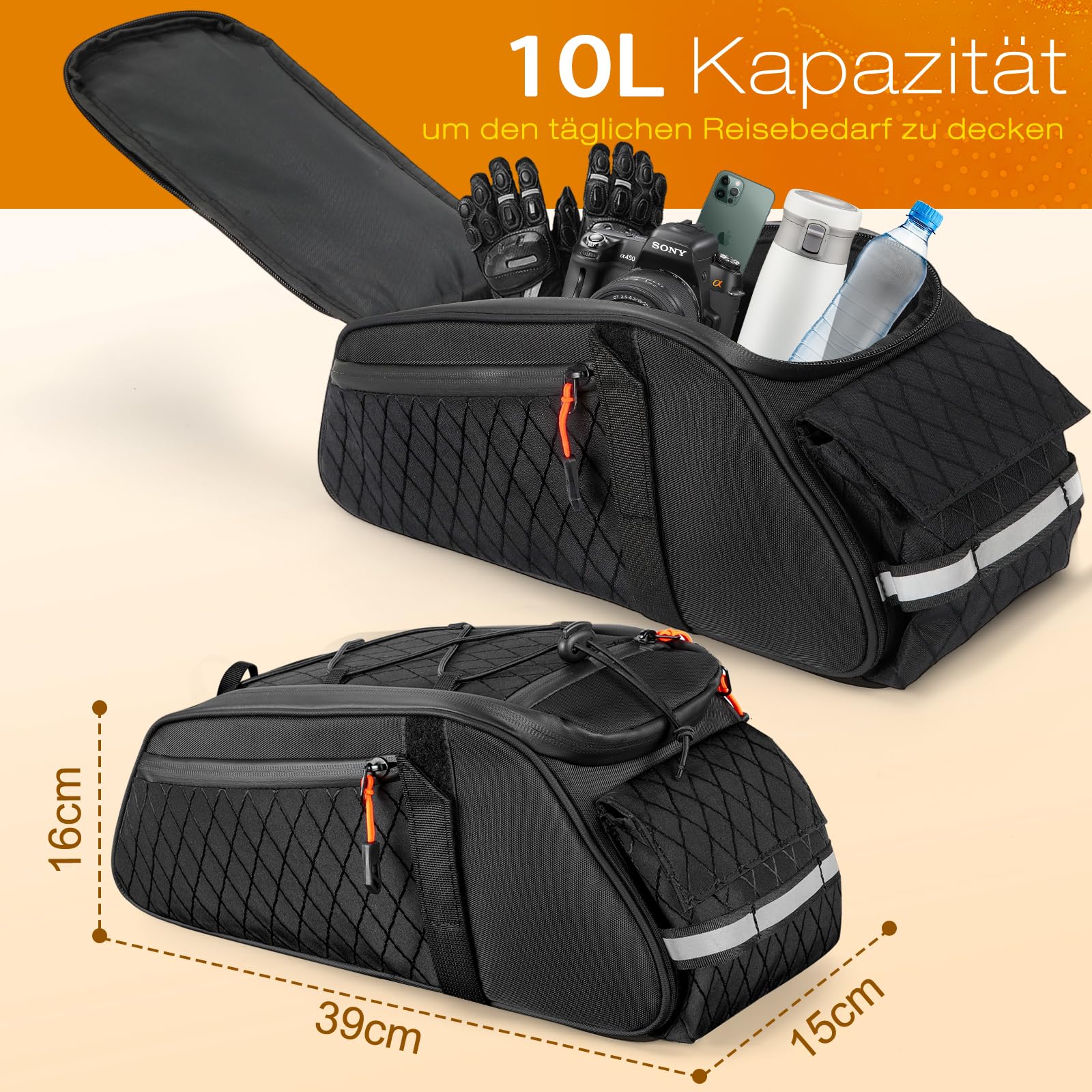 toptrek Torba rowerowa 3 w 1 na bagażnik, pojemność 10 l, wodoszczelna torba na bagażnik z uchwytem do noszenia i paskiem na ramię, nadaje się do codziennych dojazdów