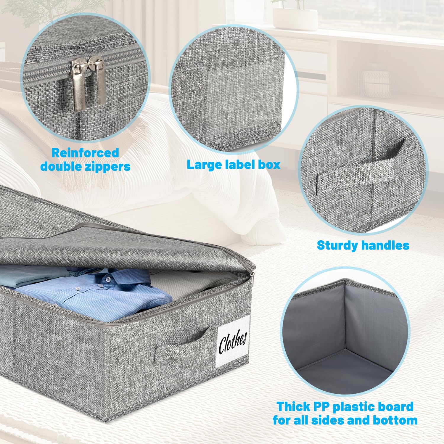 Unterbett-Aufbewahrungsbox mit Deckel, 4 Stück, 12 cm, schmal, niedriges Profil, Unterbett-Kleider-Organizer für Zuhause, Decke und Spielzeug, Aufbewahrungsbox unter Sofa und Kinderbett