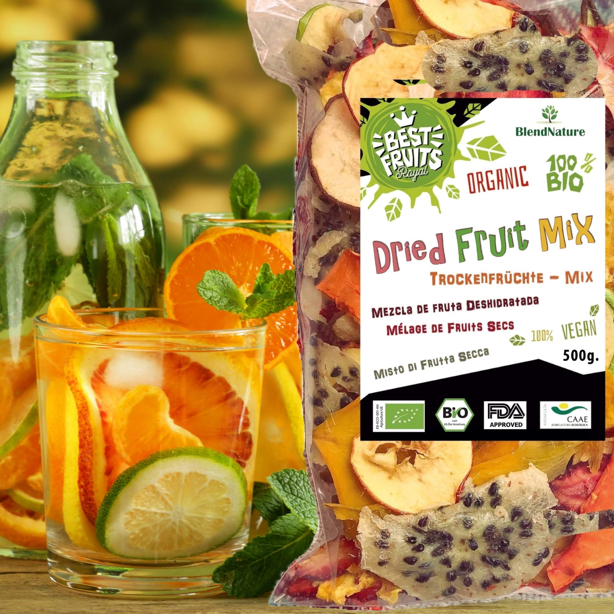 Fruta Deshidratada Sin Azucar Añadido - MIX 10 Mango Naranja Platano Manzana Pera Kaki Melocoton Piña Melon Arandanos 500g - 100% Natural – Ideal para Pasteles Cocteles o Snack – Sin Gluten