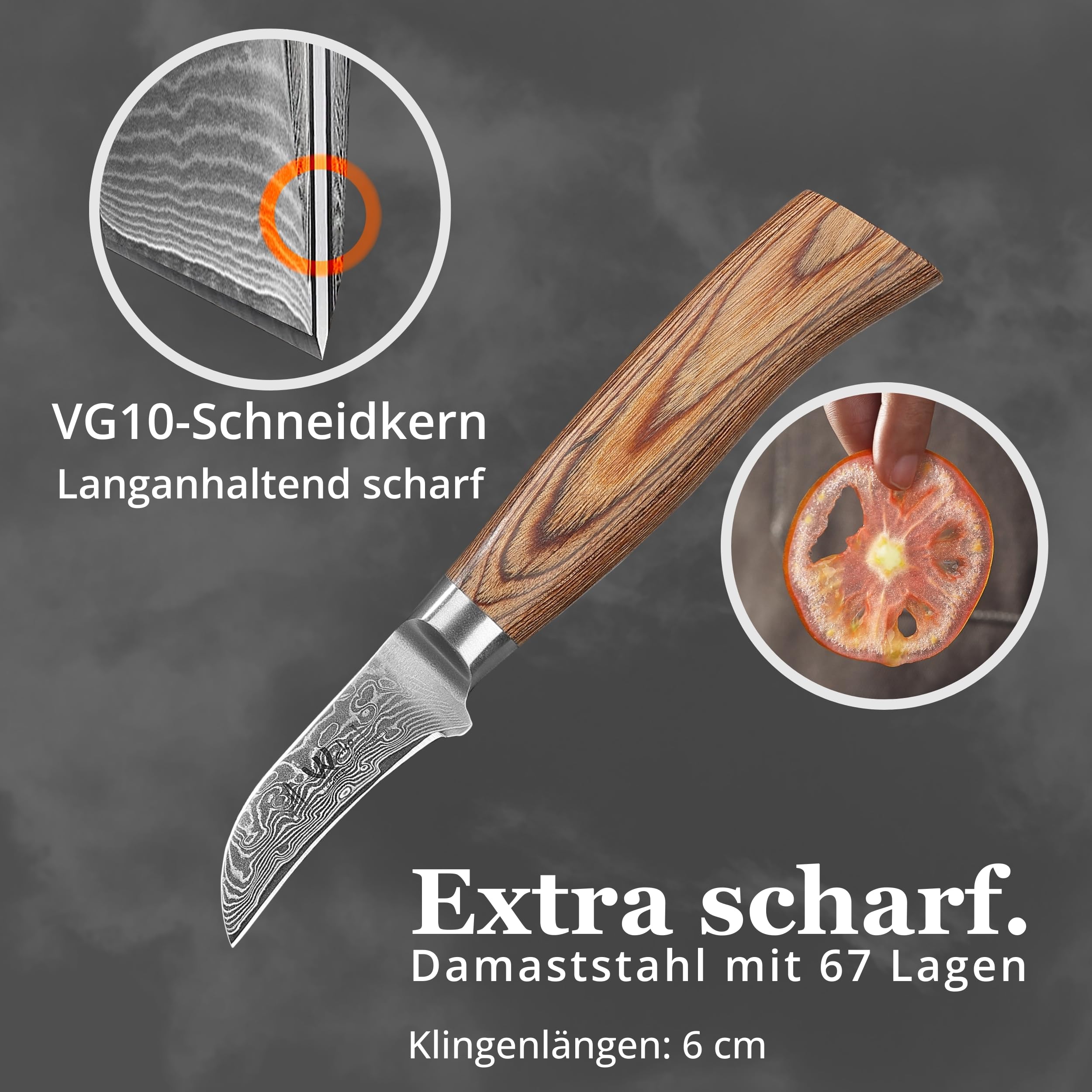Wakoli EDIB Pro Schälmesser, 6 cm Klinge aus Damaststahl mit VG10 Kern