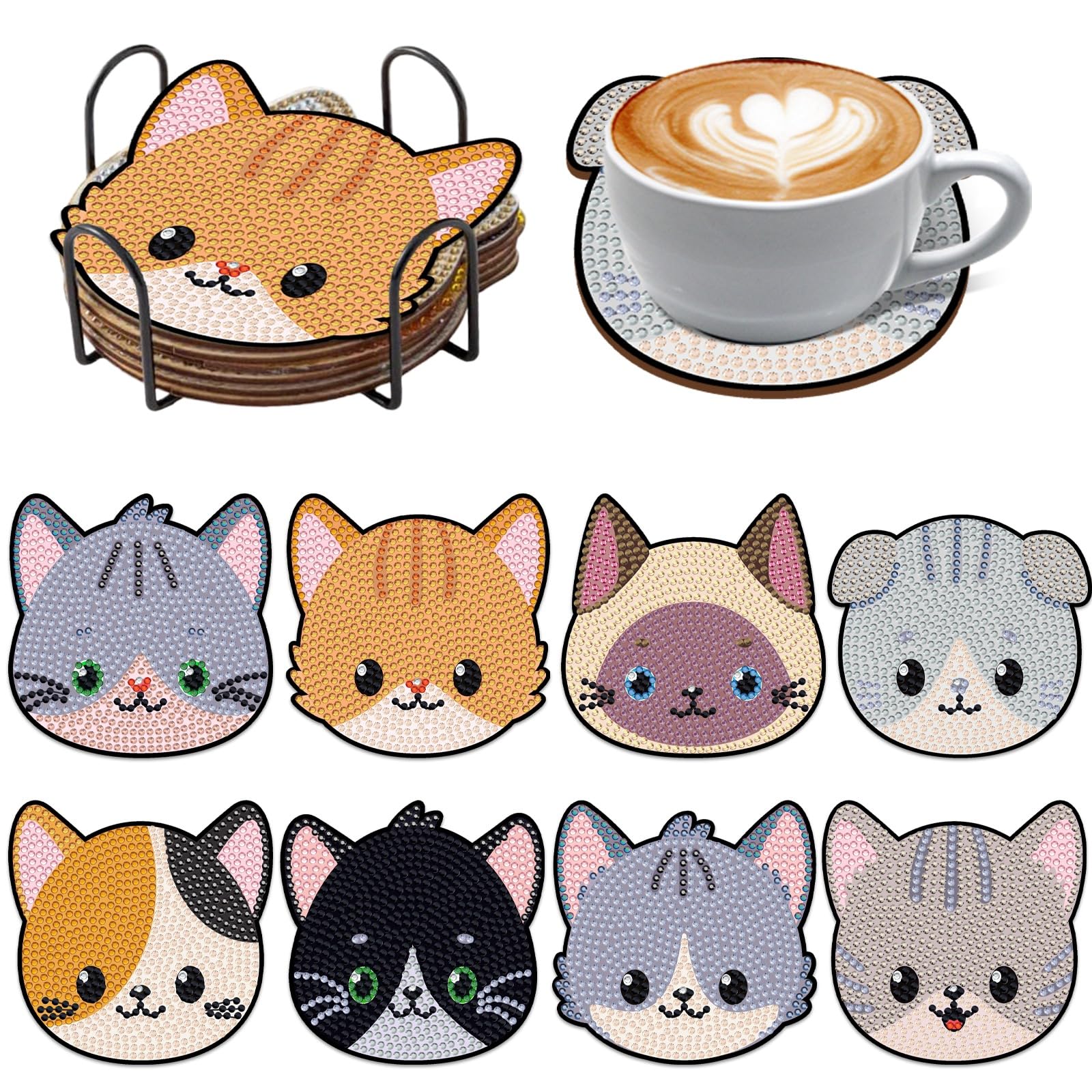 Camiraft 8pcs Diamond Paintings Coasters with Holder,DIY Coasters Diamond Cat Dog Painting Kits for Beginners,Adults & Kids Diamond Art Craft Supplies Christmas Home Decor,Diamond Art Coasters