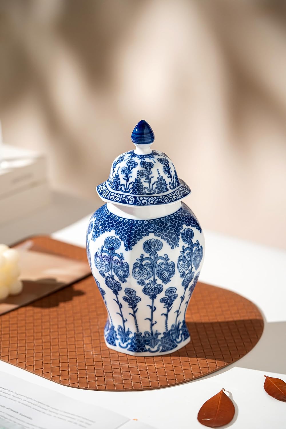 Blue and White Ginger Jar, Ceramic Chinoiserie Decorative Jars, Blue Vase Porcelain, Blue and White Decor for Table, Living Room, Bookshelf, Mantle Fireplace, Centerpieces.15 H