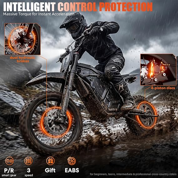 Electric Dirt Bike, 50 MPH 3-Speed 5500W Mid-Drive Motor with Certified 60V 27Ah Battery, 53-Mile, Full Suspension Hydraulic Brakes, Mountain Off-Road E Dirt Bike for Teens Adults, Black