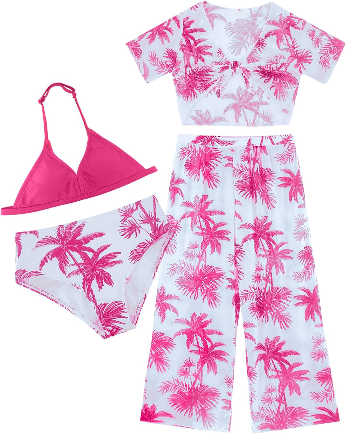 Happy Cherry Girl's 4PCS Swimsuits Tropical Print Halter Bikini Set Bathing Suits with Kimono and Cover Up Pant Boho Swimwear