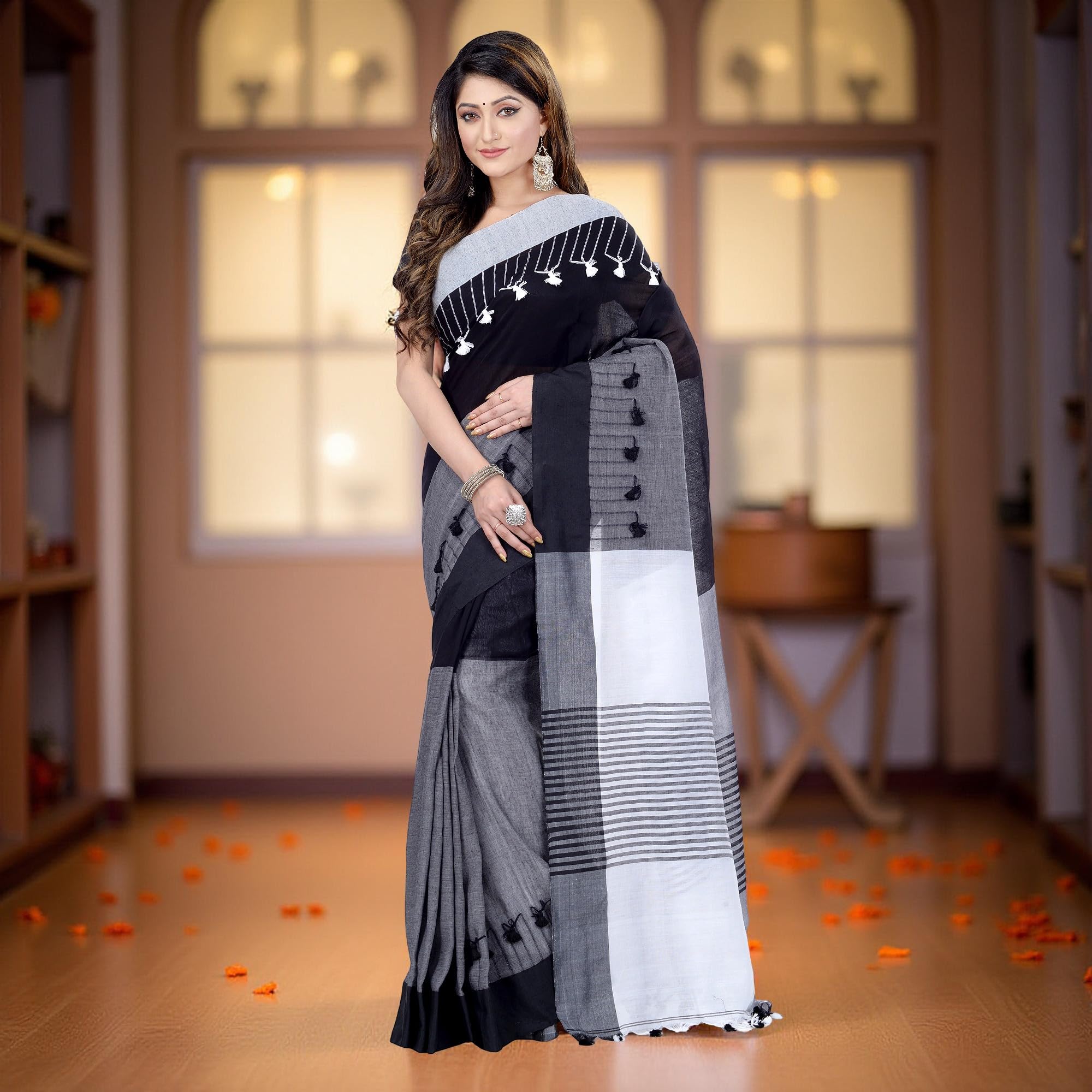 dB DESH BIDESH Women`s Traditional Bengal Handloom Tant Pure Cotton Saree Pompom Desigined With Blouse Piece (Deep Black Grey White)-image-40