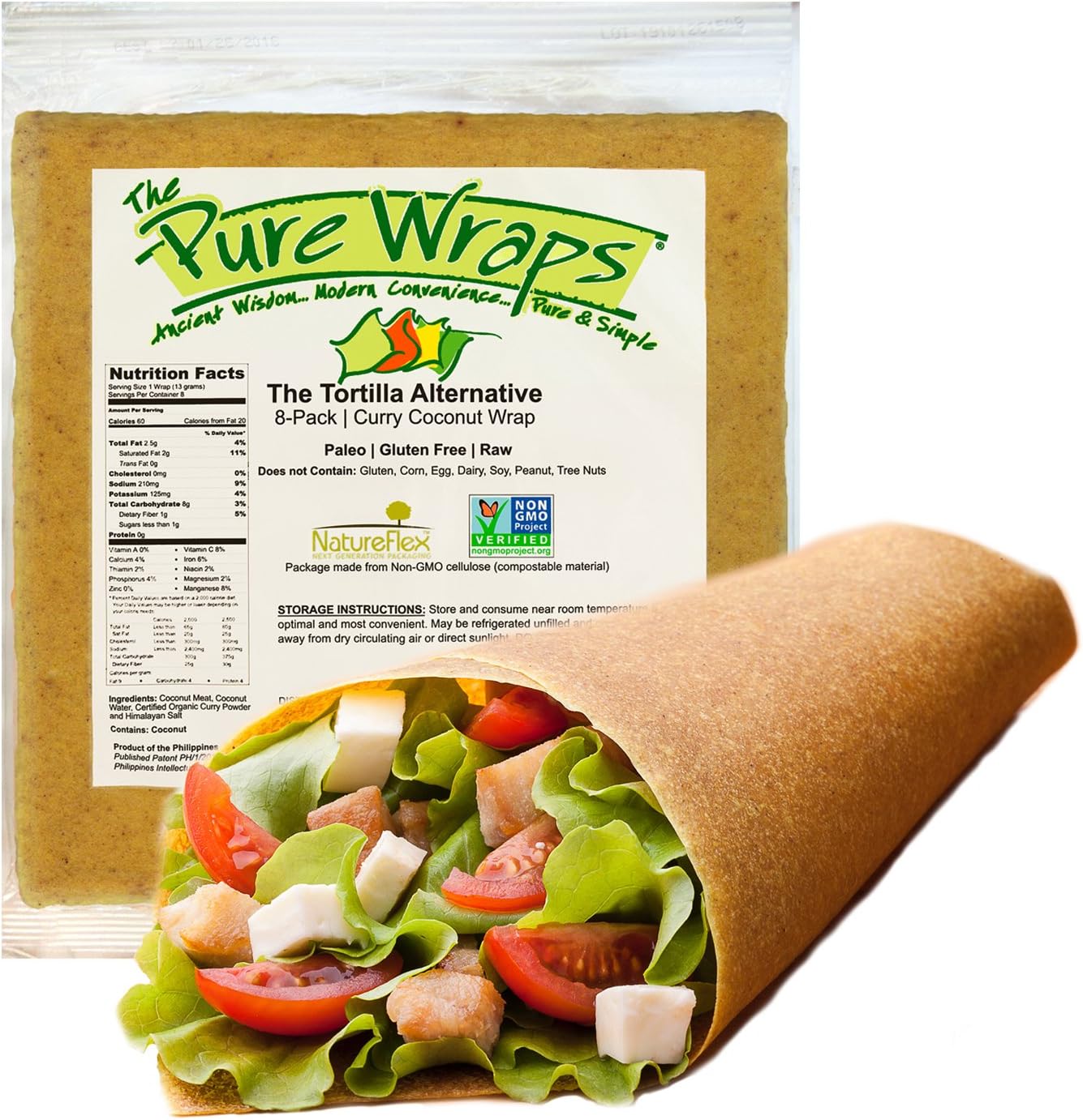 Paleo Coconut Wraps, (8Count), Gluten Free, Vegan, Curry Flavor -- The Pure Wraps