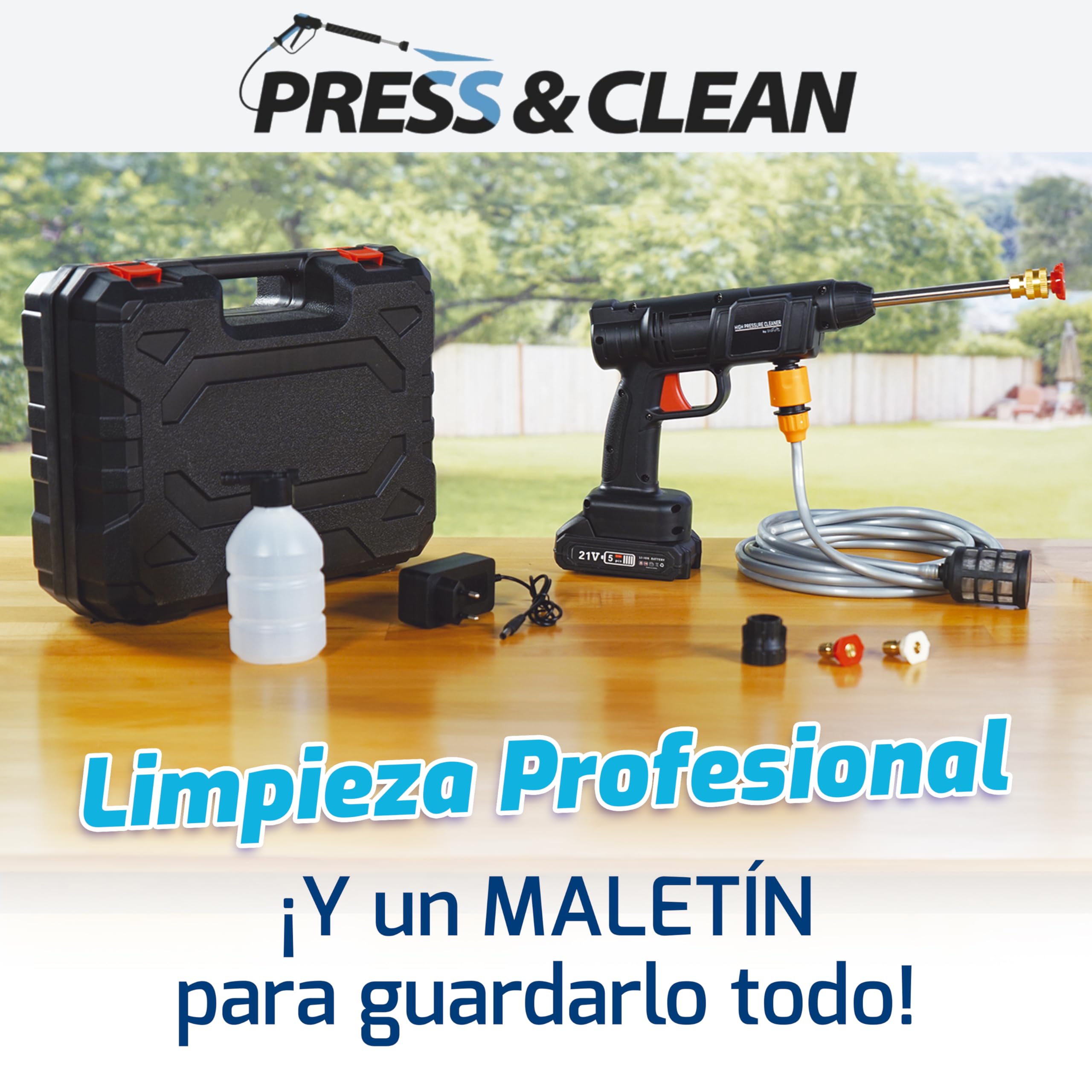 Press & Clean: Pistola de lavado de Alta Presión Portátil Sin Cables, Recargable. Accesorios: Cargador, Manguera presurizada con filtro, Dispensador jabón, Adaptador botellas, 2 Boquillas atomizadoras