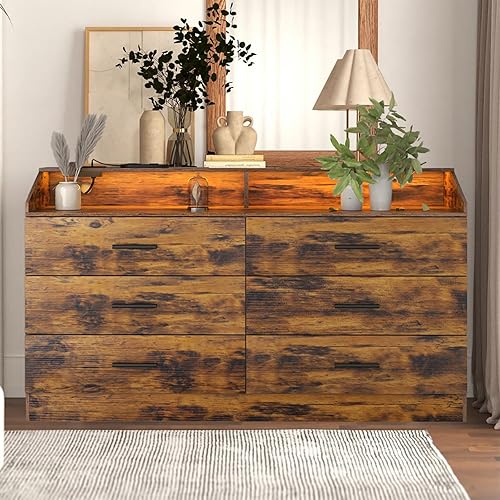 Miniatura 8 de Cómoda de 6 cajones, cómoda para dormitorio con toma de corriente, cómoda moderna con luz LED, cómoda de almacenamiento con compartimento de