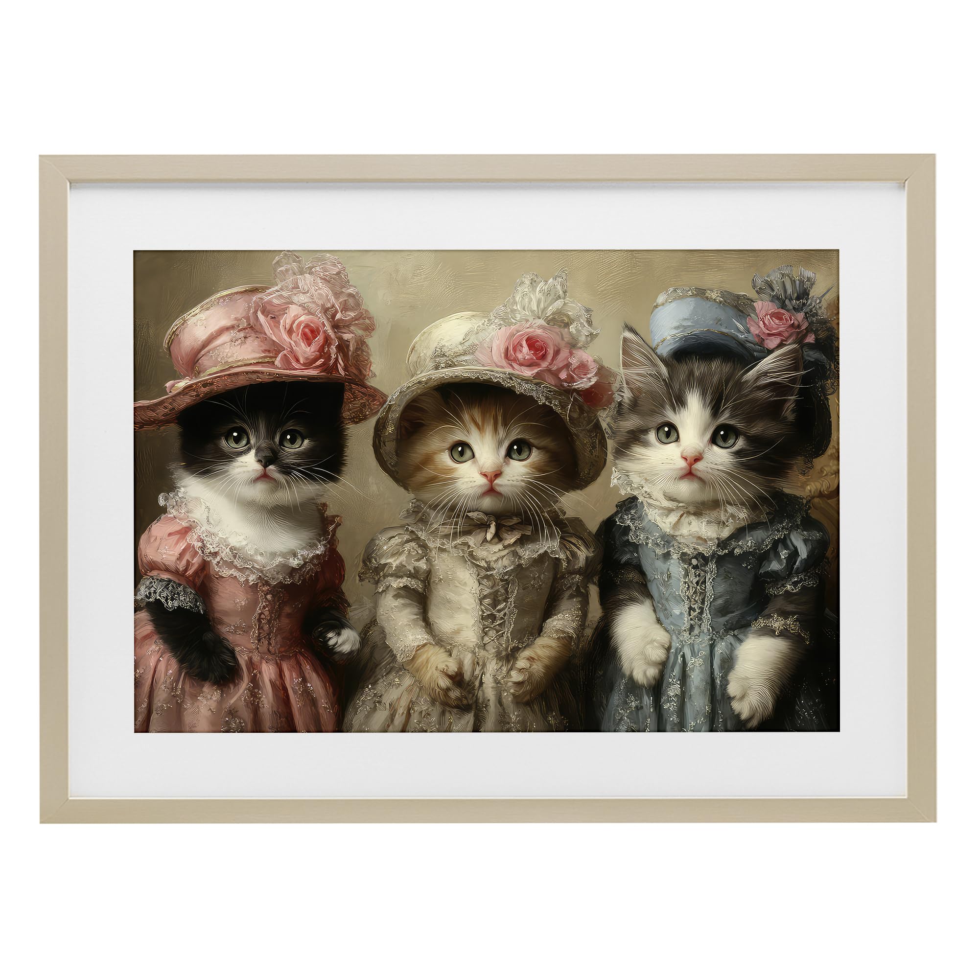 Stupell Industries Harvest Pine (Textured) Vintage Dress Cats Floral Whimsical, 17 X 23 Inch Framed Print Under Glass
