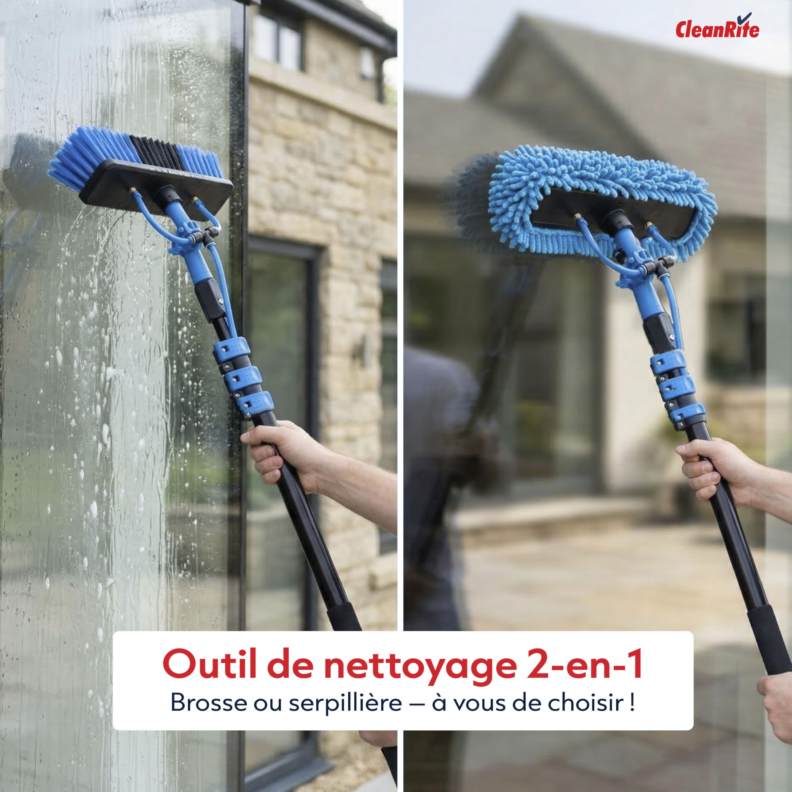 CleanRite® Brosse Télescopique 7 m avec Arrivée d’Eau | Perche Nettoyage Toiture et Panneaux Solaires | Balai Télescopique avec Distributeur de Savon | Voiture | Noir