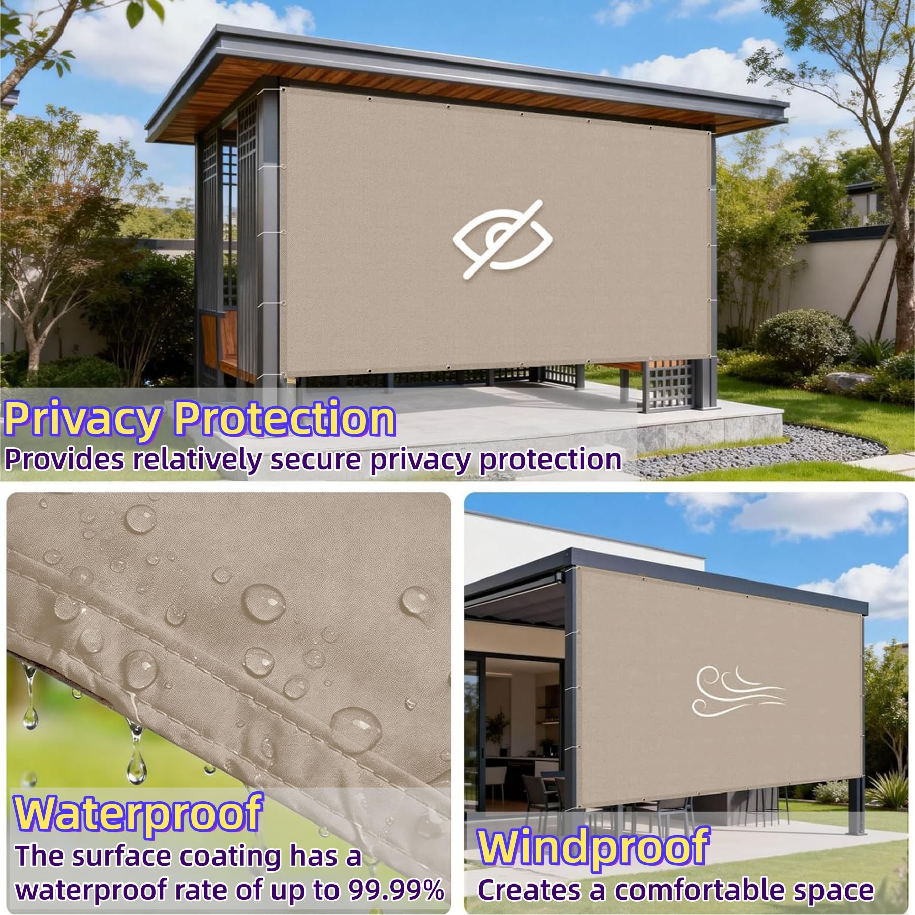 Voile d'ombrage 240 x 240 cm Imperméable Protection UV 98% Rectangulaire Toile Ombrage Exterieur avec Œillets et Corde, sans Perçage pour Serre, Patio, Pergola, Jardin, Taupe