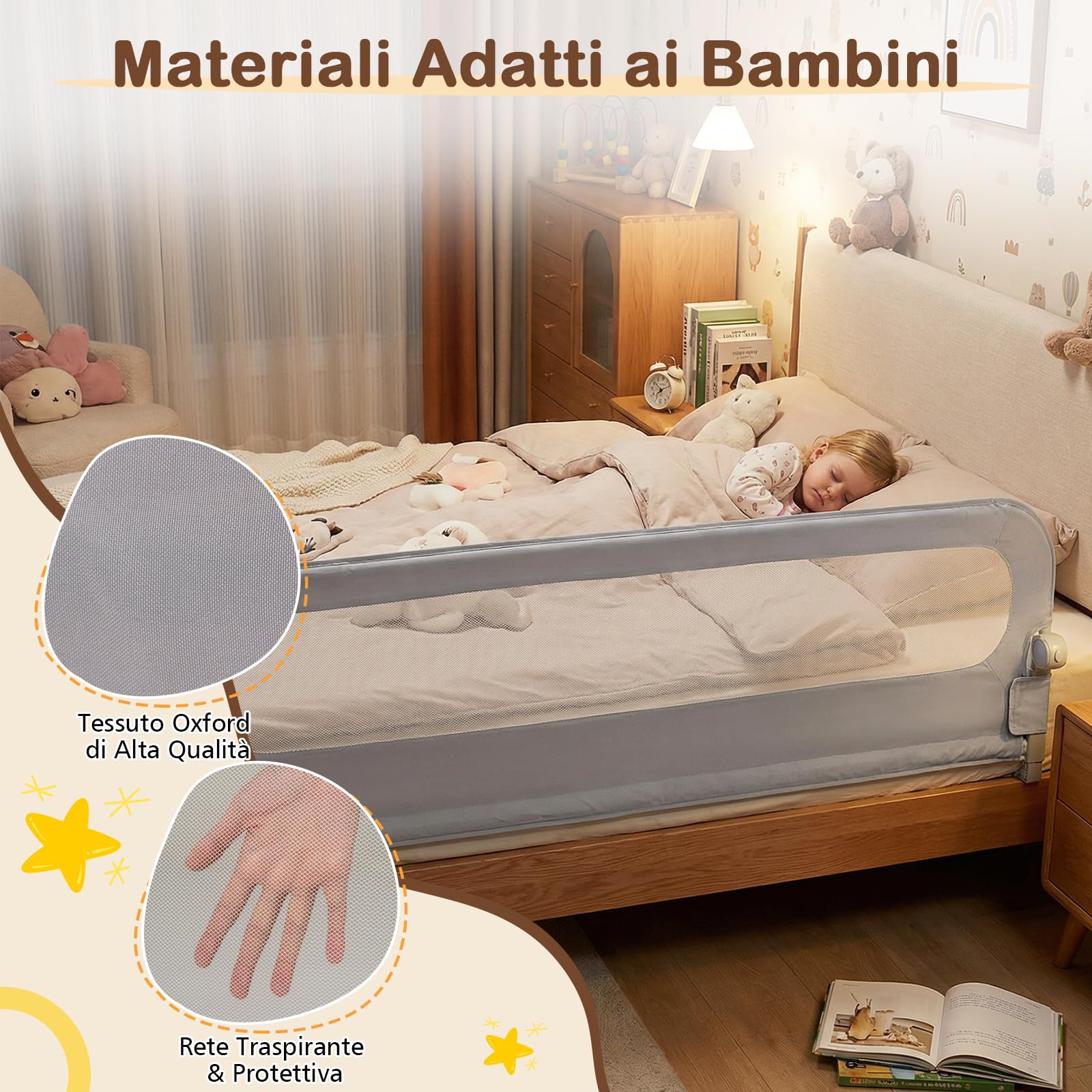 COSTWAY Sponda Letto per Bambini 80/120/150/180/200 cm, Barriera di Sicurezza per Neonati, Altezza Regolabile a 3 Livelli, Barriera Letto Pieghevole, con Cinghia di Sicurezza (200 cm,Grigio)