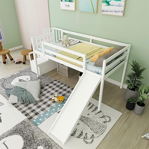 Miniatura 4 de Bellemave Cama tipo loft baja con tobogán y escaleras tamaño individual marco de cama loft de madera con almacenamiento para niños adolescentes y