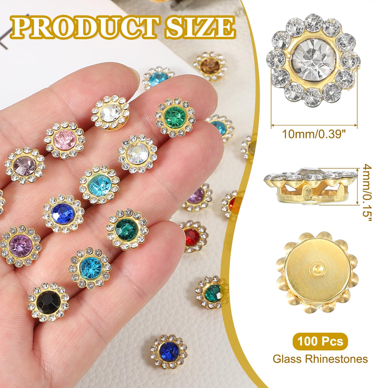 PATIKIL 100 Pcs Sew on Rhinestones Crystals 10mm 2 Layers Sewing Sunflower Flower Claw Rhinestones Crystals Glass Gems Metal Base for Wedding Dress Clothes Crafts Decoration White - Image 2