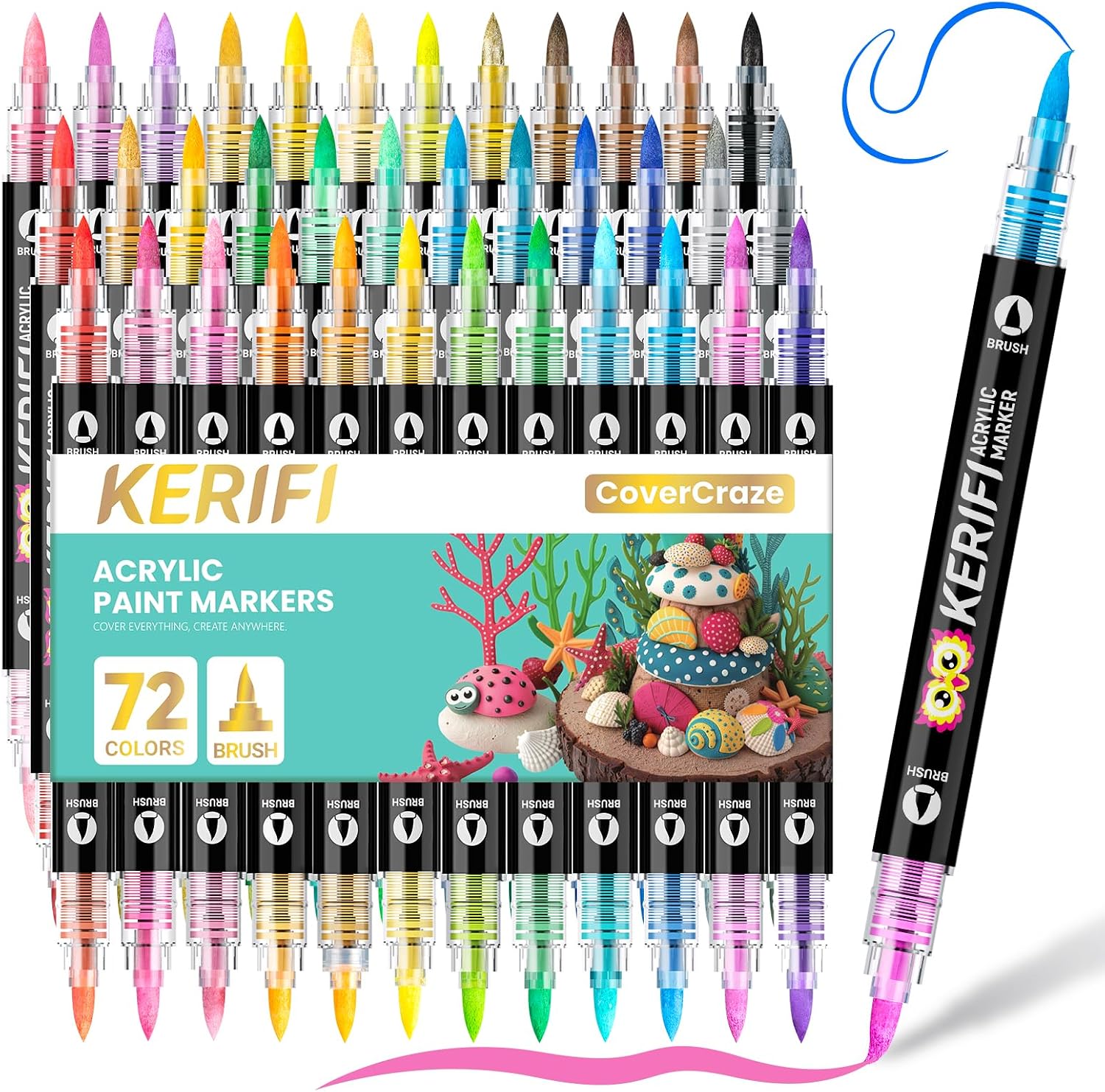 KERIFI Acrylic Paint Markers, Automatic Ink Control Markers for Rock Painting, High Coverage for Multi-Surface Wood Ceramics Metal, DIY Art Crafts Supplies, Christmas Ornaments (36 Count & 72 Colors)