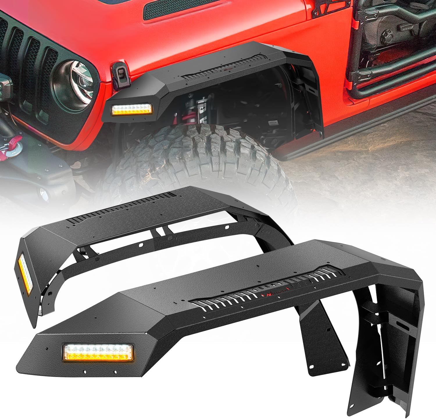 Nilight JL JT Wide Flat Front Fender Flares for 2018 2019 2020 2021 2022 2023 2024 2025 Jeep Wrangler JL JLU&Gladiator JT 2Pcs Off-Road Wheel Fenders w/LED Lights Turn Signal Lights DRL