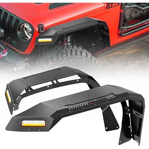 Nilight JL JT Wide Flat Front Fender Flares for 2018 2019 2020 2021 2022 2023 2024 2025 Jeep Wrangler JL JLU&Gladiator JT 2Pcs Off-Road Wheel Fenders w/LED Lights Turn Signal Lights DRL