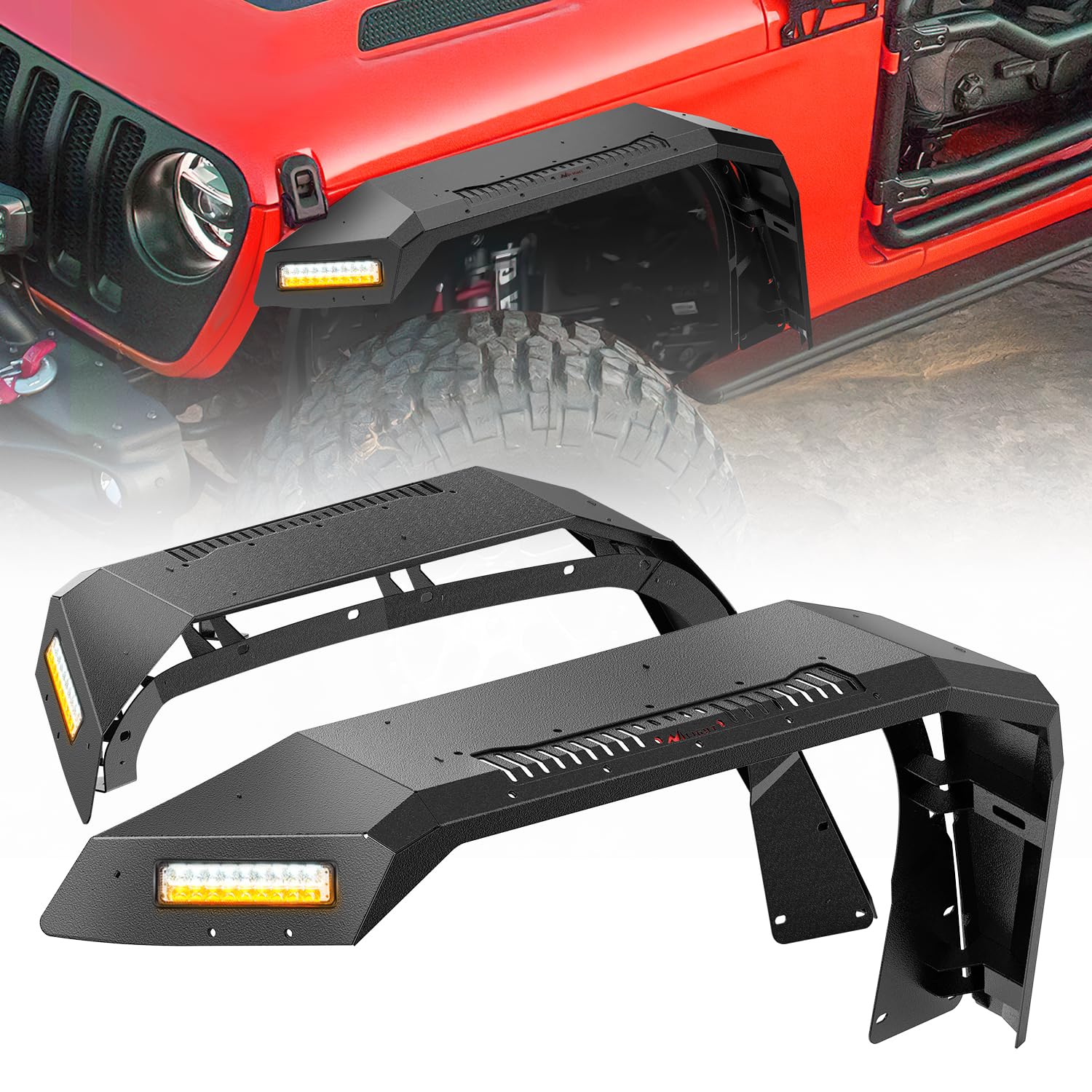 Nilight JL JT Wide Flat Front Fender Flares for 2018 2019 2020 2021 2022 2023 2024 2025 Jeep Wrangler JL JLU&amp;Gladiator JT 2Pcs Off-Road Wheel Fenders w/LED Lights Turn Signal Lights DRL