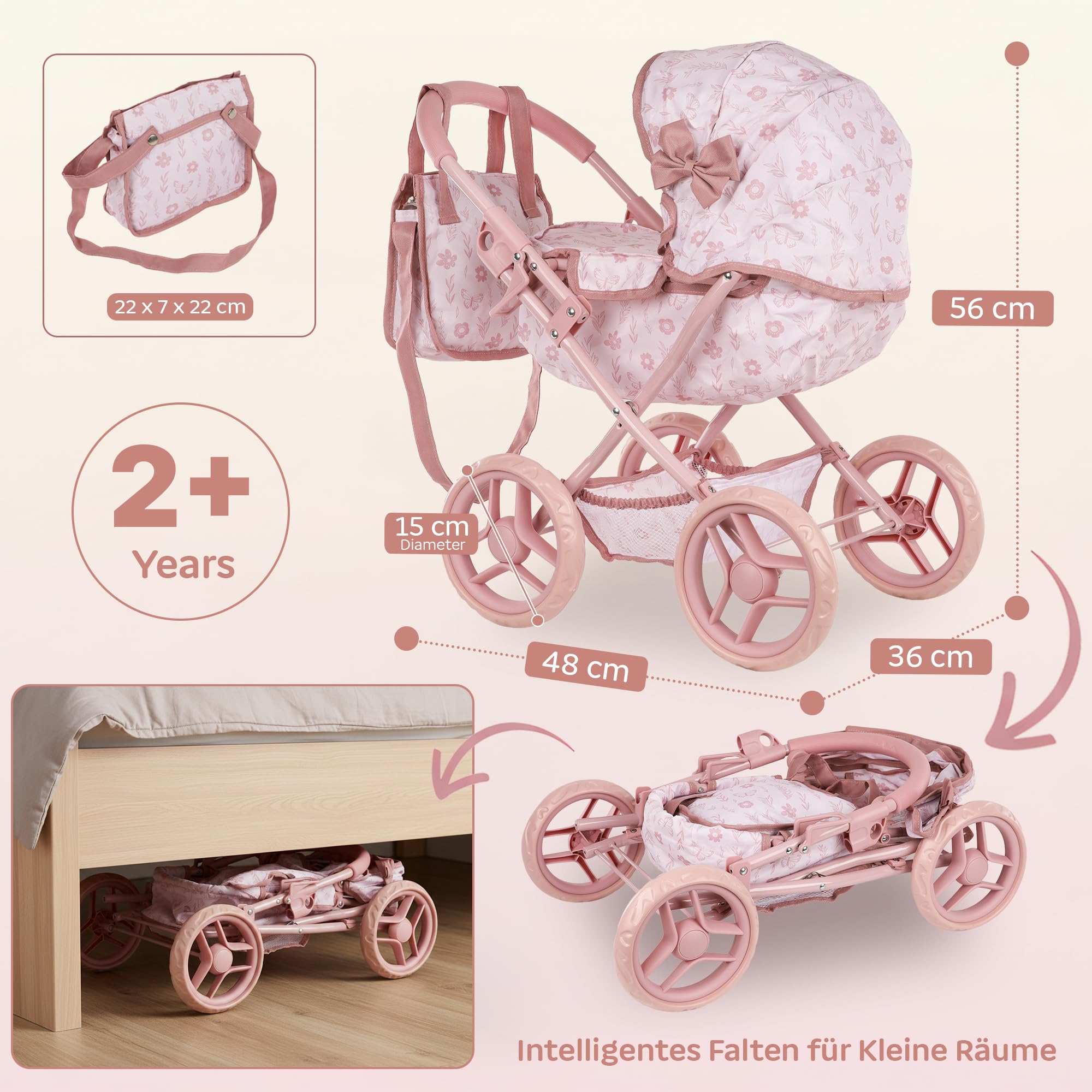 Kinderplay Puppenwagen für Mädchen ab 3 Jahren, tiefer Puppen Kinderwagen mit Babywanne, faltbar mit Schaumstoffrädern, verstellbares Dach, Puppenwagen mit Tasche und Unterkorb