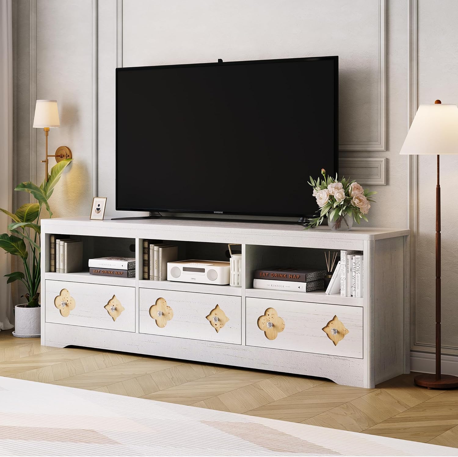 Garvee 70in TV Stand for TVs Up to 85", Mid Century Modern Entertainment Center with Storage Engraving Drawer and Open Shelves, TV Console Media Cabinet for Living Room, Bedroom