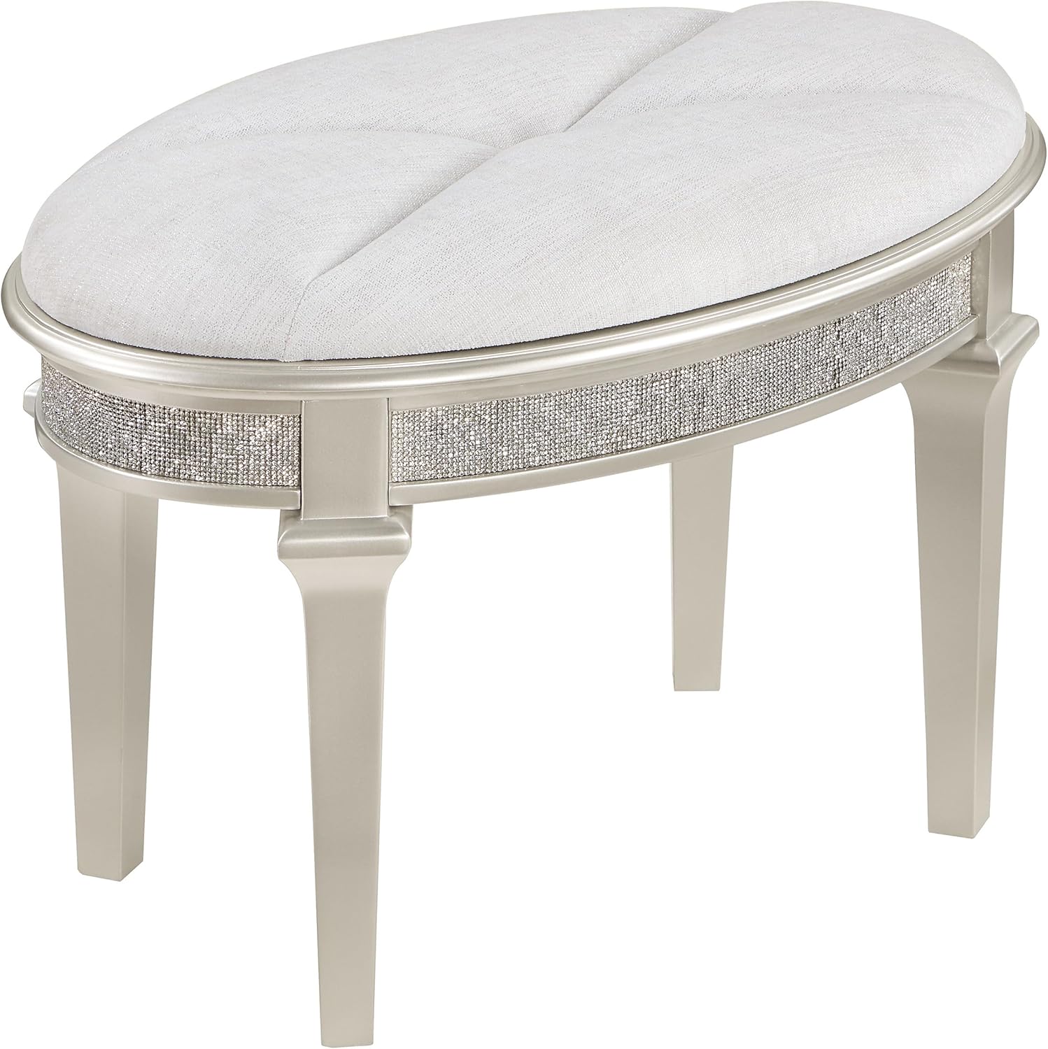 Coaster Home Furnishings - Evangeline - Wood - Upholstered Oval Makeup Vanity Stool with Diamond-Like Trim and Tapered Legs - Bedroom - Silver and Ivory - 223399