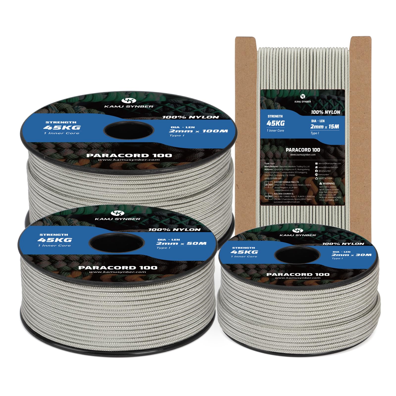 Kamu Synber 2mm Paracord 30M 100% Nylon Rope 1 Strand Type I Parachute Cord for Crafting, Outdoor, DIY, Camping | Support 45kg | Grey