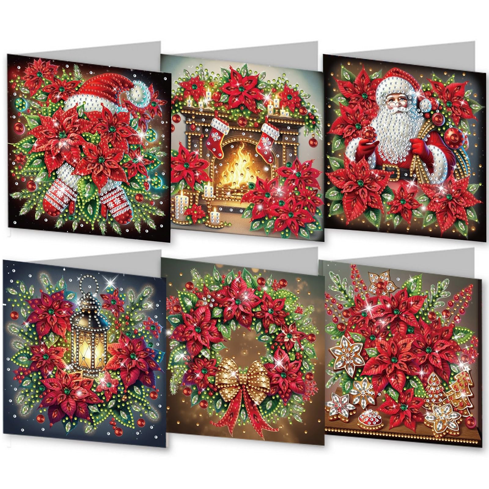 Lebartm 6Pcs Folding Christmas Greeting Card DIY Diamond Art Painting Creative Design Foldable Thank You Cards with White Envelopes Blessing Greeting Card Set for Festival Birthday-Poinsettia03 — image 1