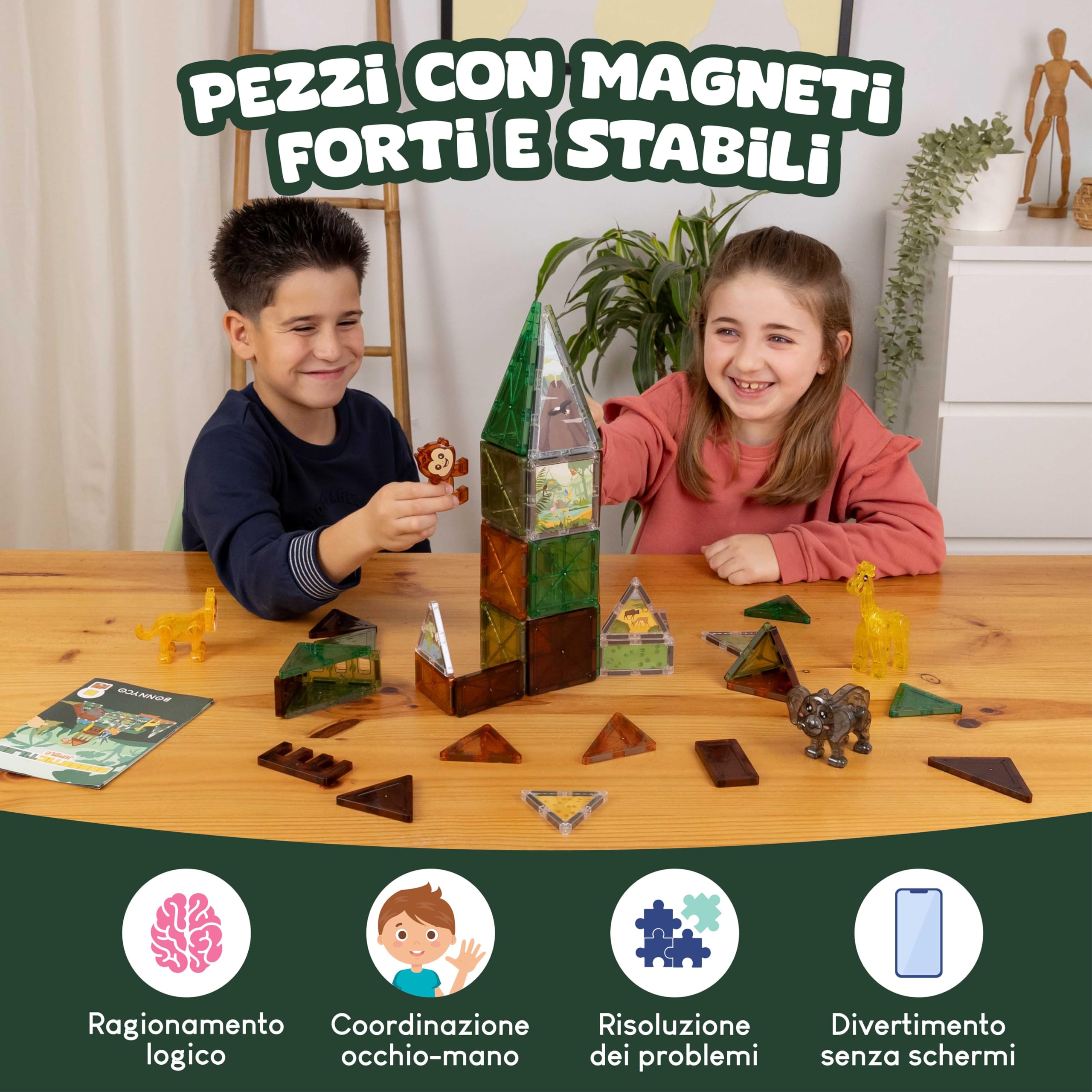 BONNYCO Costruzioni Magnetiche per Bambini con Figure di Animali 50 PCS. Magneti Bambini con Illustrazioni, Tessere Magnetiche. Giochi Magnetici Educativi, Regalo Bambino e Bambina 2D 3D, Natale