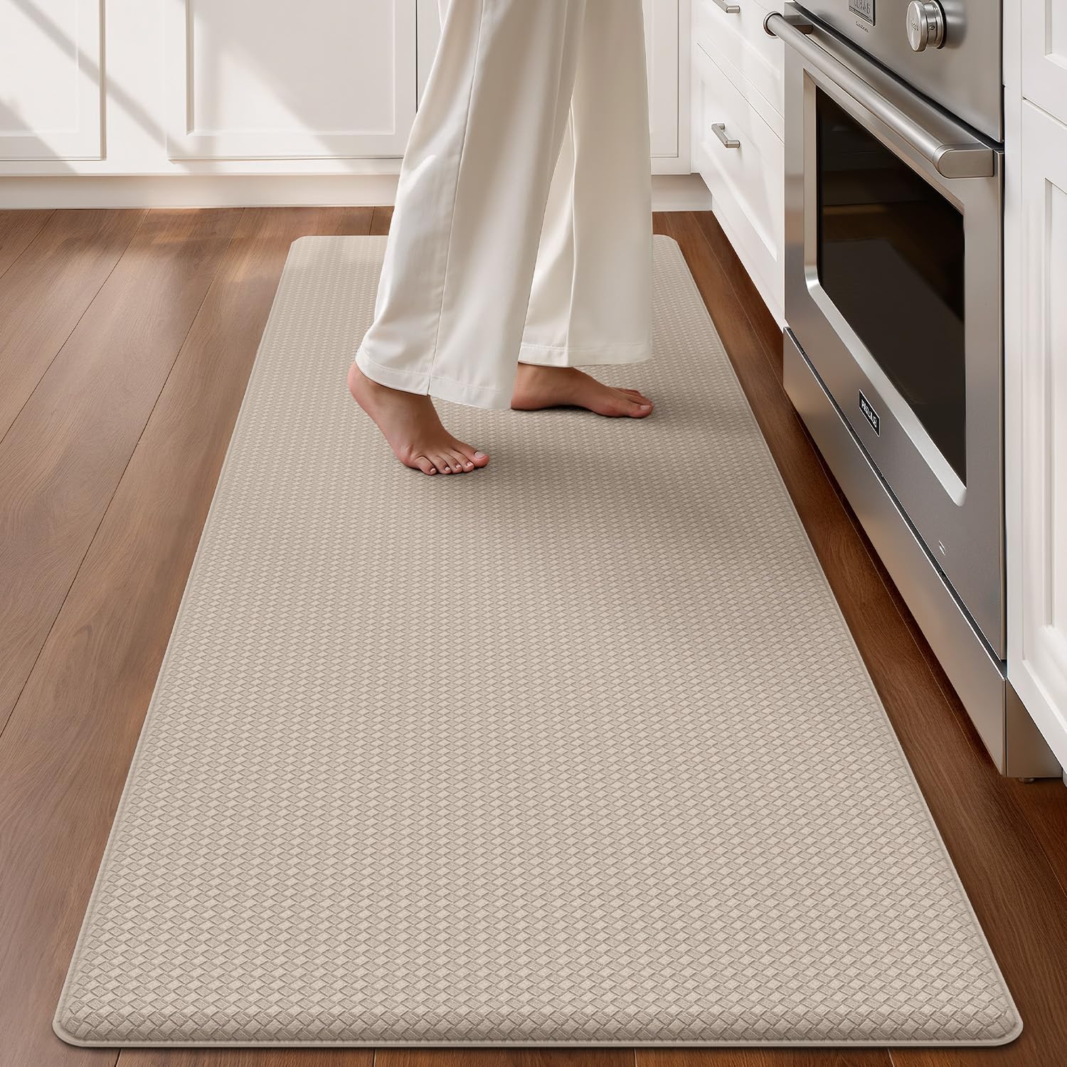 Color G Kitchen Mat 60x150cm, Heavy Duty Anti Fatigue Standing Mat, Kitchen Rug Waterproof, Non-slip, Oil Resistant Leather Floor Mat for Standing Desk, Kitchen, Office (Dark Beige)