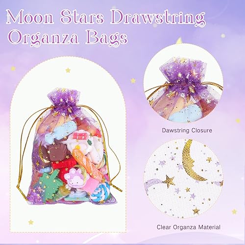 Miniatura 3 de Shappy 150 bolsas de organza con cordón y estrellas de luna, bolsas de regalo de joyería, bolsas de organza con estrellas doradas para Navidad,