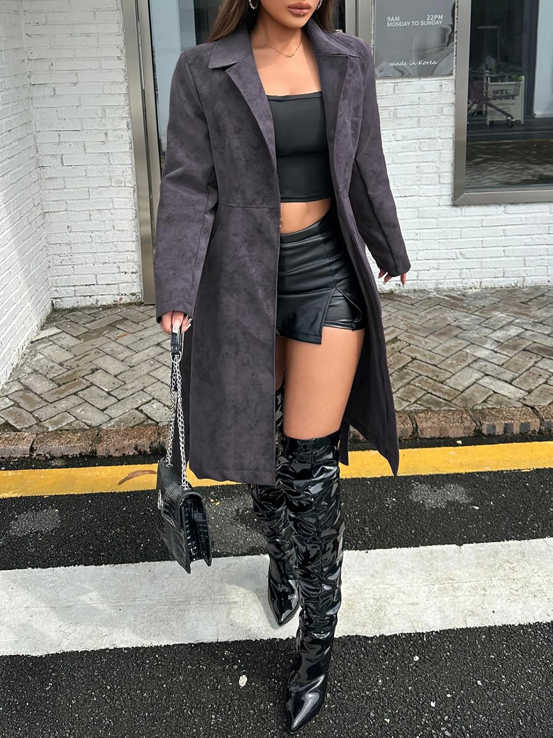 Leather Jacket Women Trench Coat Long Loose Button Lined Jacket Open Front Faux Motorcycle Coat with Belt - Image 4