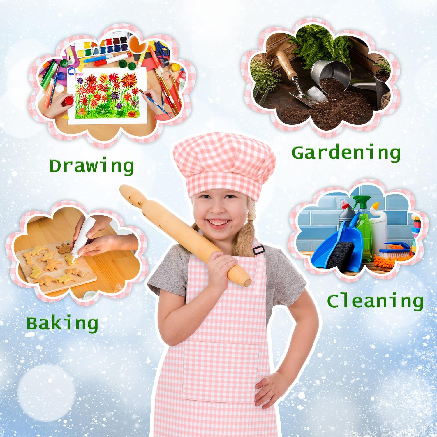 TOPWAYS Grid Kids Apron and Chef Hat Set, Adjustable Check Child Chef Aprons with 2 Pockets - Image 3