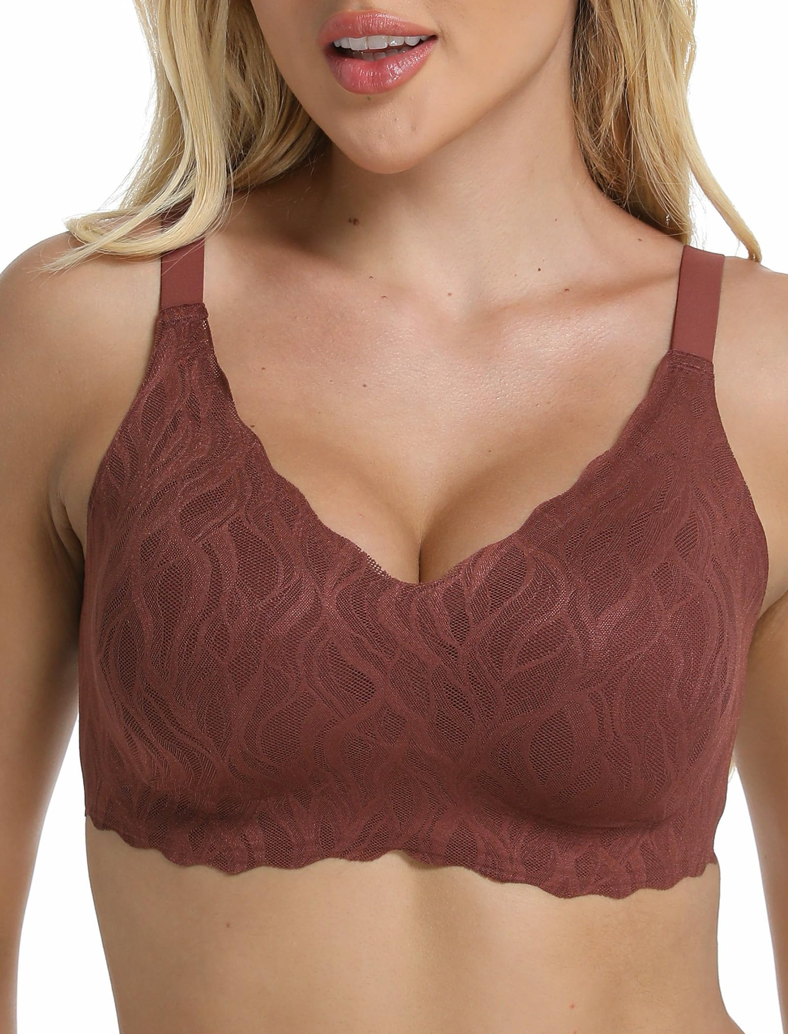 COMFELIE Seamless Wireless Bra for Fuller Bust Women No Underwire Lace Trim Deep V Underarm-Smoothing Black S