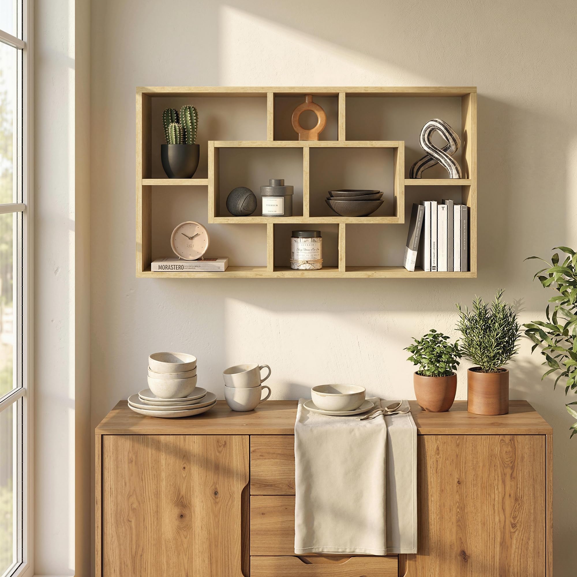 HOMCOM Estante de Pared Decorativo, Estantería para Libro, CDs, Baldas Flotantes con 8 Cubos, 85x14,5x47,5 cm, Carga 20kg, para Oficina, Estudio, Salón, Roble