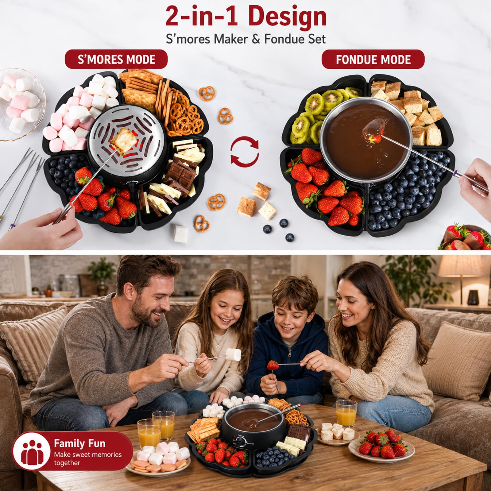 Set 2 en 1 de S'Mores y Fondue, Tostador sin Llama con 3 Niveles de Calor