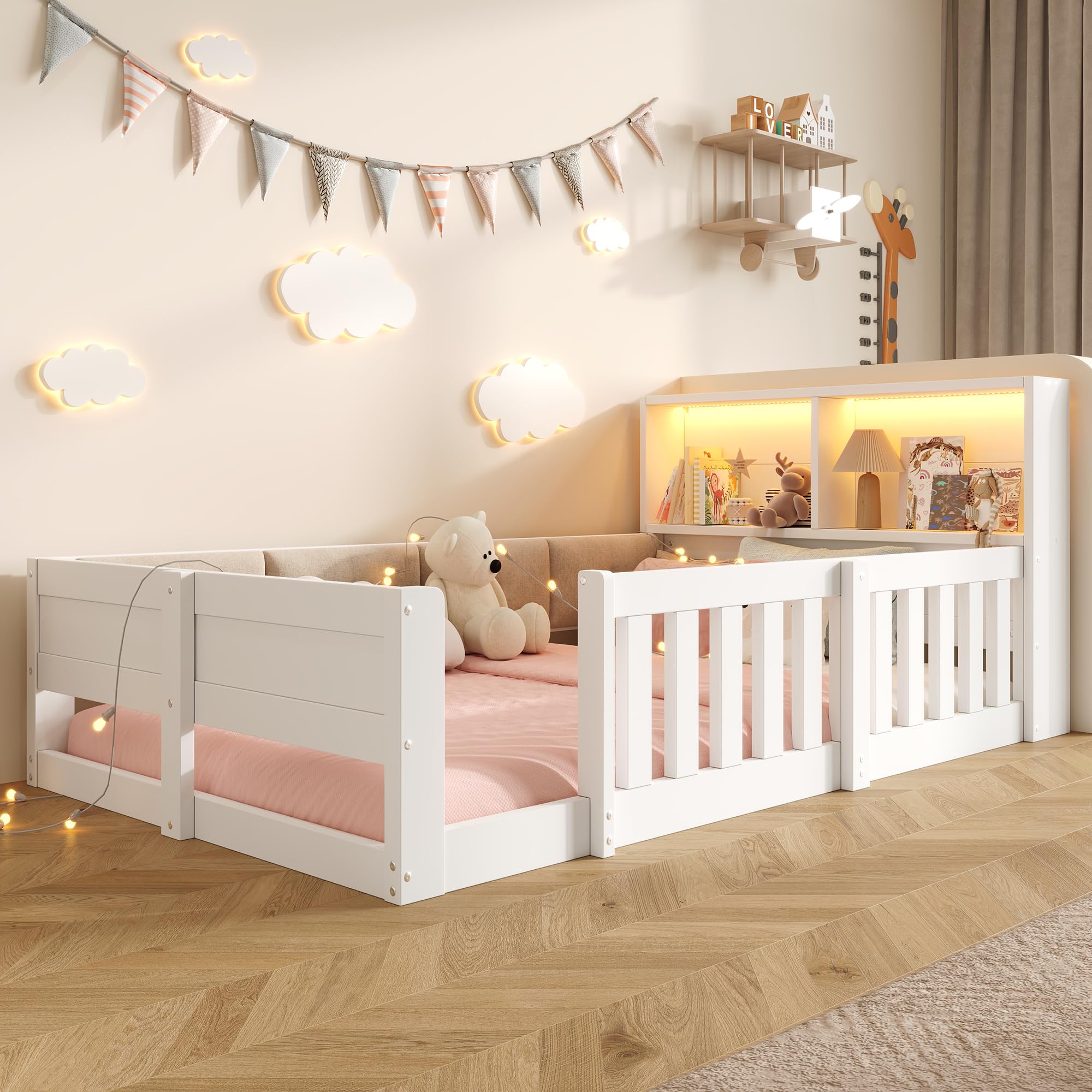 Kebnor Letto piatto a sbalzo, 90 x 200 cm, con griglia laterale, senza materasso, stile minimalista, con barra luminosa a LED, bianco