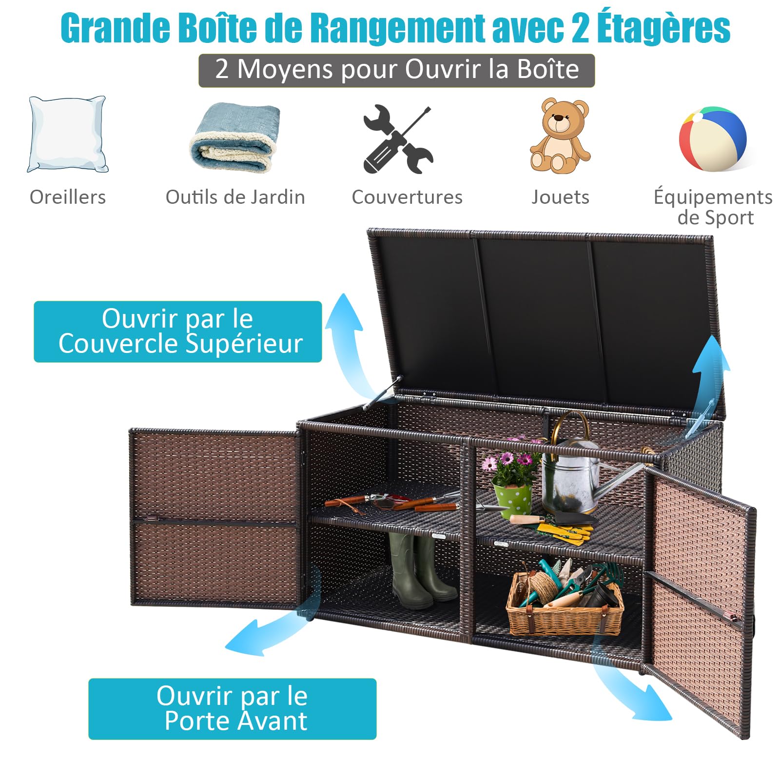 Coffre De Rangement à 2 Niveaux En Rotin PE, Grande Boîte Avec 2 Portes Couvercle Armoire Pour Jardin Balcon Piscine Salon Interieur Exterieur 115x60x65 Cm Noir 92920581