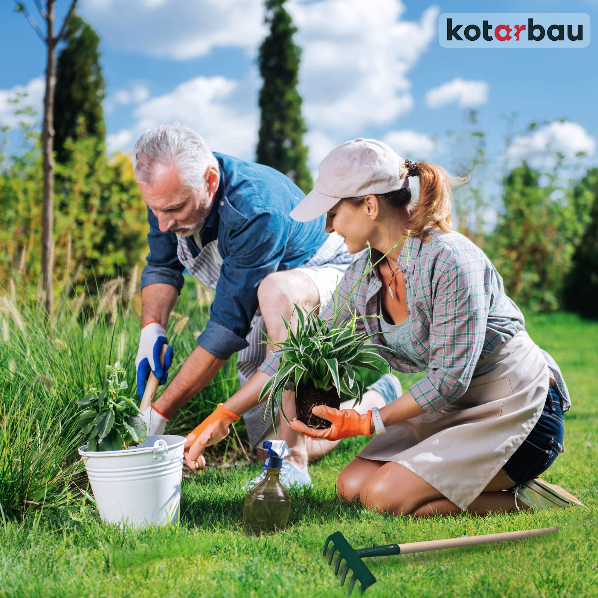 KOTARBAU® Grabki Metalowe - 11,5 cm - Grabie do Rabat - Grabki Ogrodowe - 6 Zębów - Zielone - Drewniany Trzonek - 60 cm