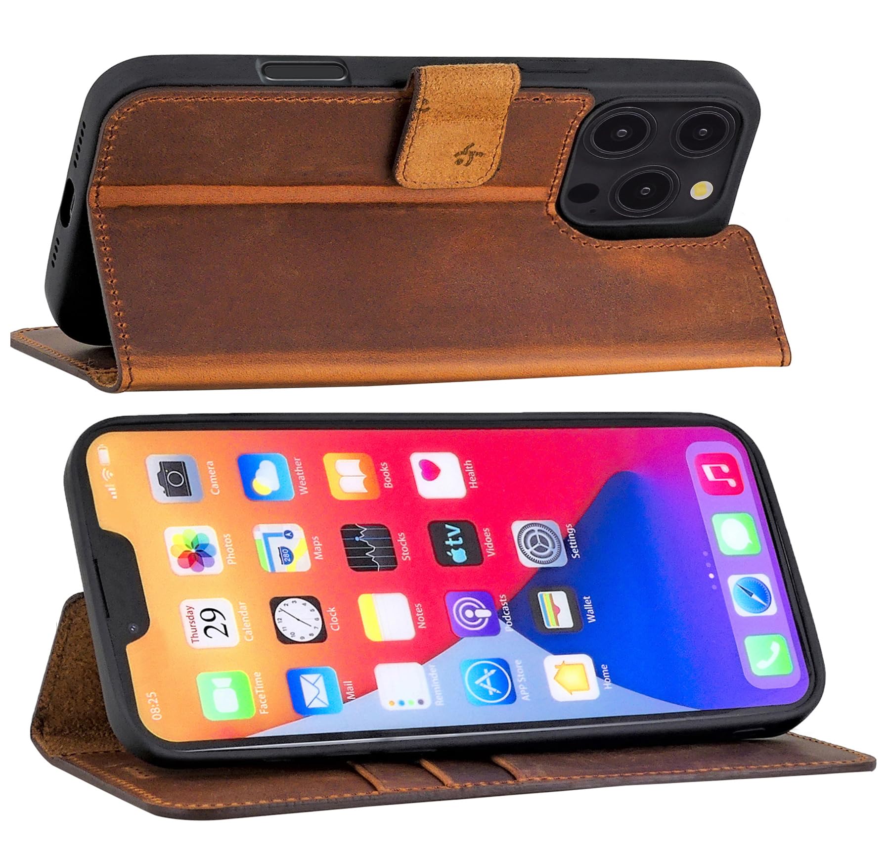 Suncase Etui skórzane kompatybilne z Honor 600 z prawdziwej skóry – Premium Bookstyle etui z klapką z kieszenią na karty, zapięciem magnetycznym i funkcją stojaka – Wallet Case etui na telefon