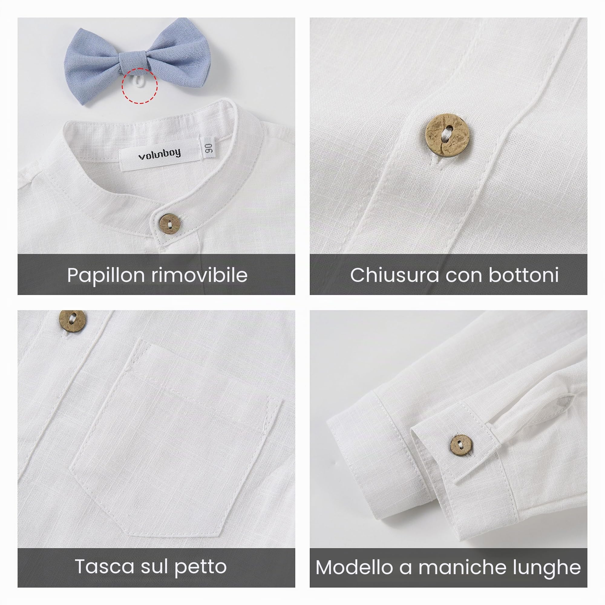 Volunboy Completo Elegante Bambino, Lino Ragazzo Henley Camicie Fiocco e Bretelle Pantaloni 4 Pezzi Cerimonia Nozze Abbigliamento