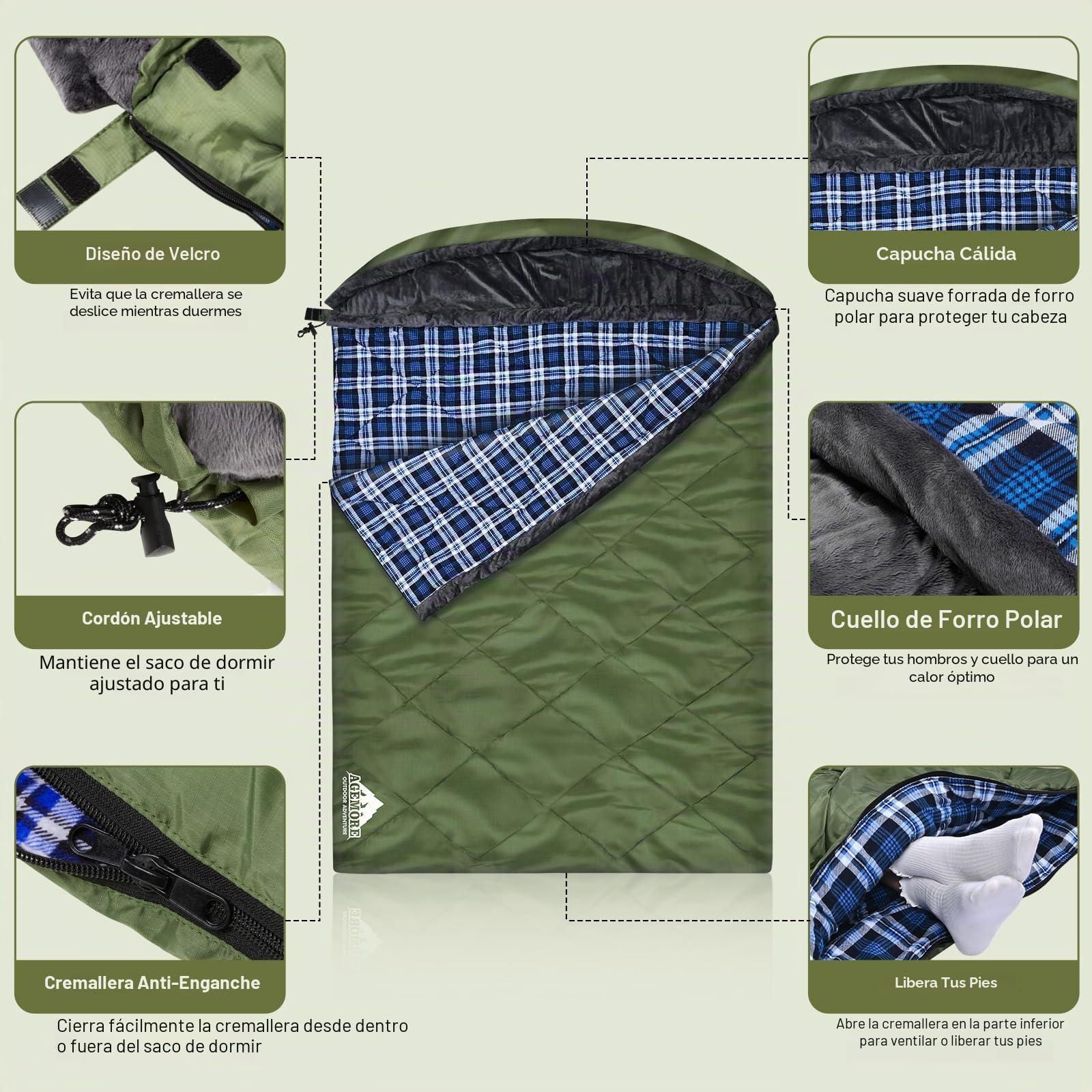 Saco de Dormir Doble de Franela de algodón con Capucha con Forro Polar, Impermeable, tamaño Queen, para 2 Personas, para Adultos, Clima frío, Camping, mochilero o Senderismo, 3-4 Estaciones