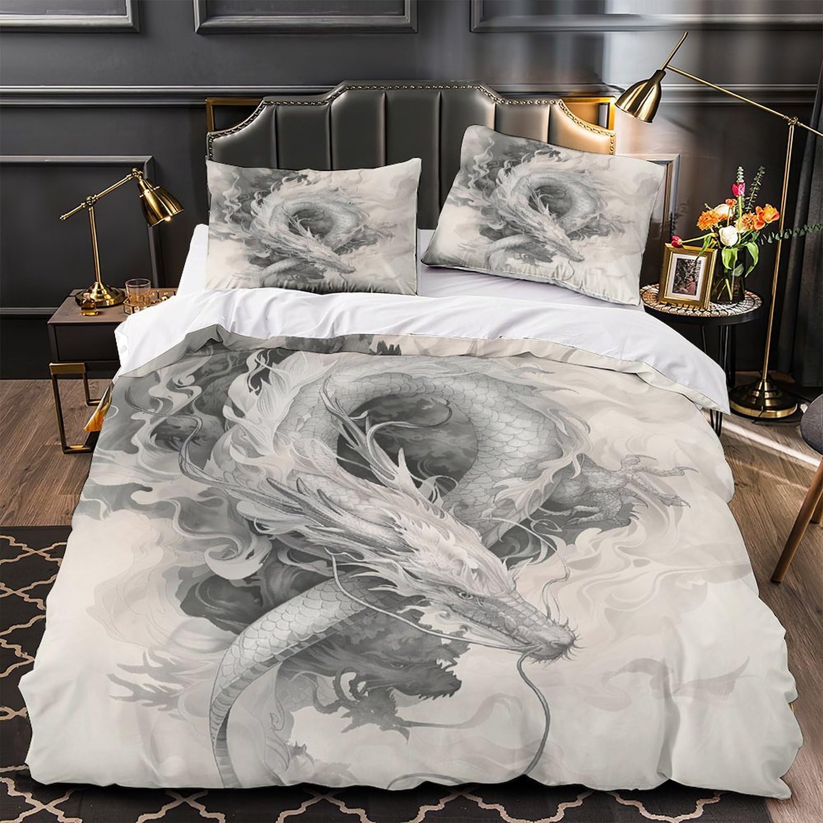 Housse de couette dragon mythique 3D 140x200 parure de lit microfibre avec fermeture éclair
