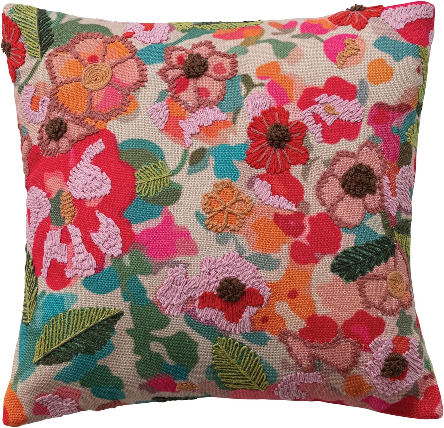 Creative Co-Op Square Cotton Printed Pillow with Flowers and Embroidery, Multicolor